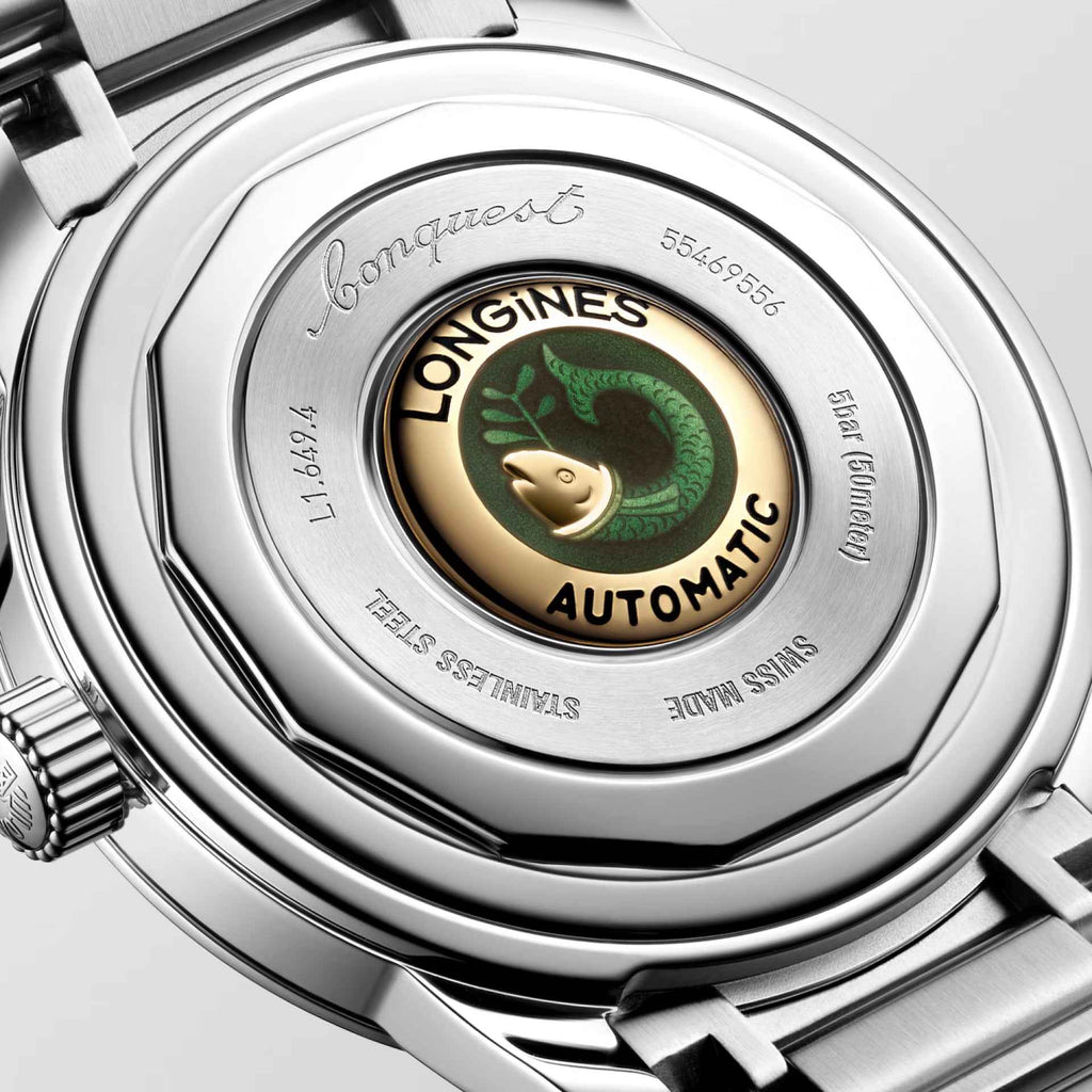 Fondello orologio Longines in acciaio con serpente verde e scritta AUTOMATIC