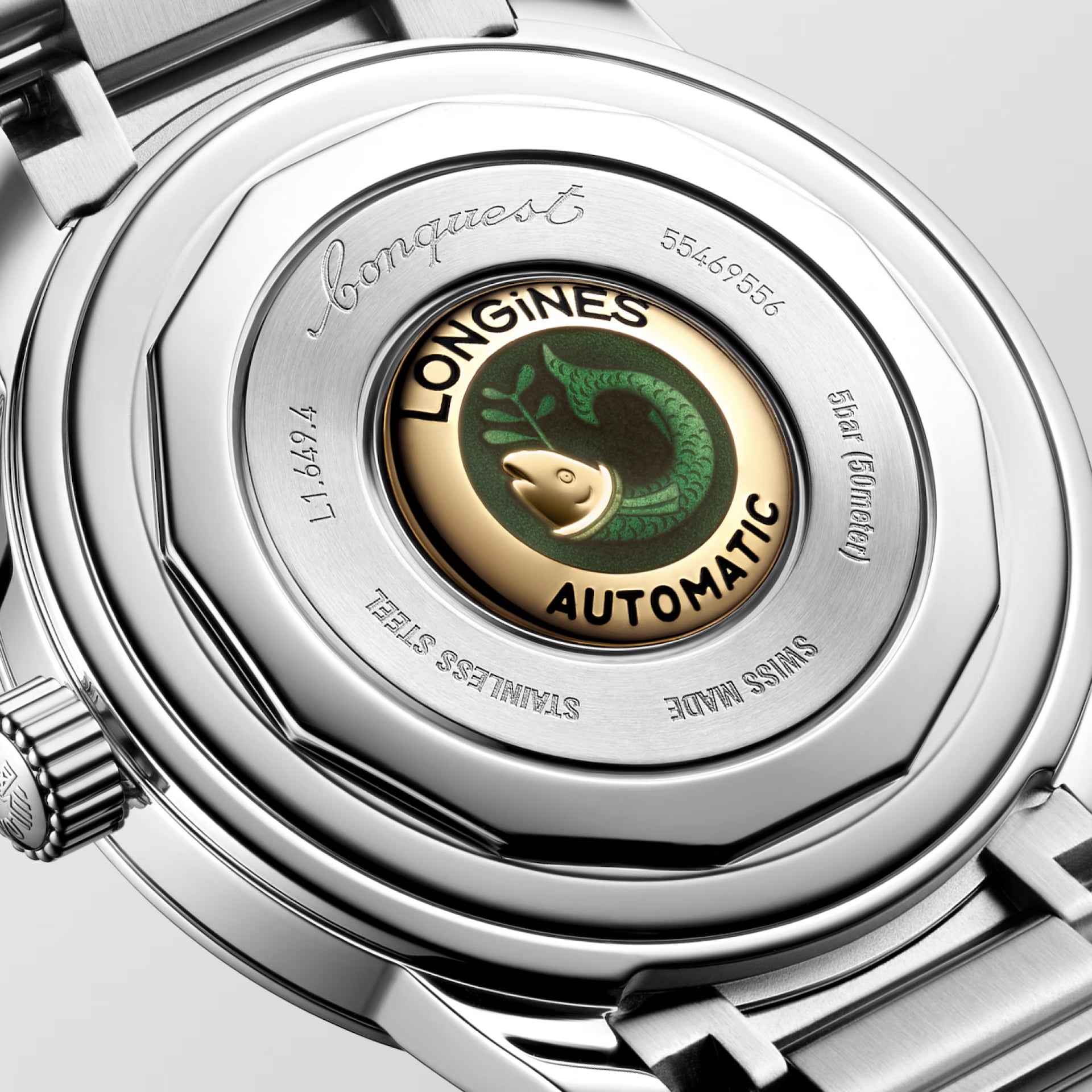 Fondello orologio Longines in acciaio con serpente verde e scritta AUTOMATIC