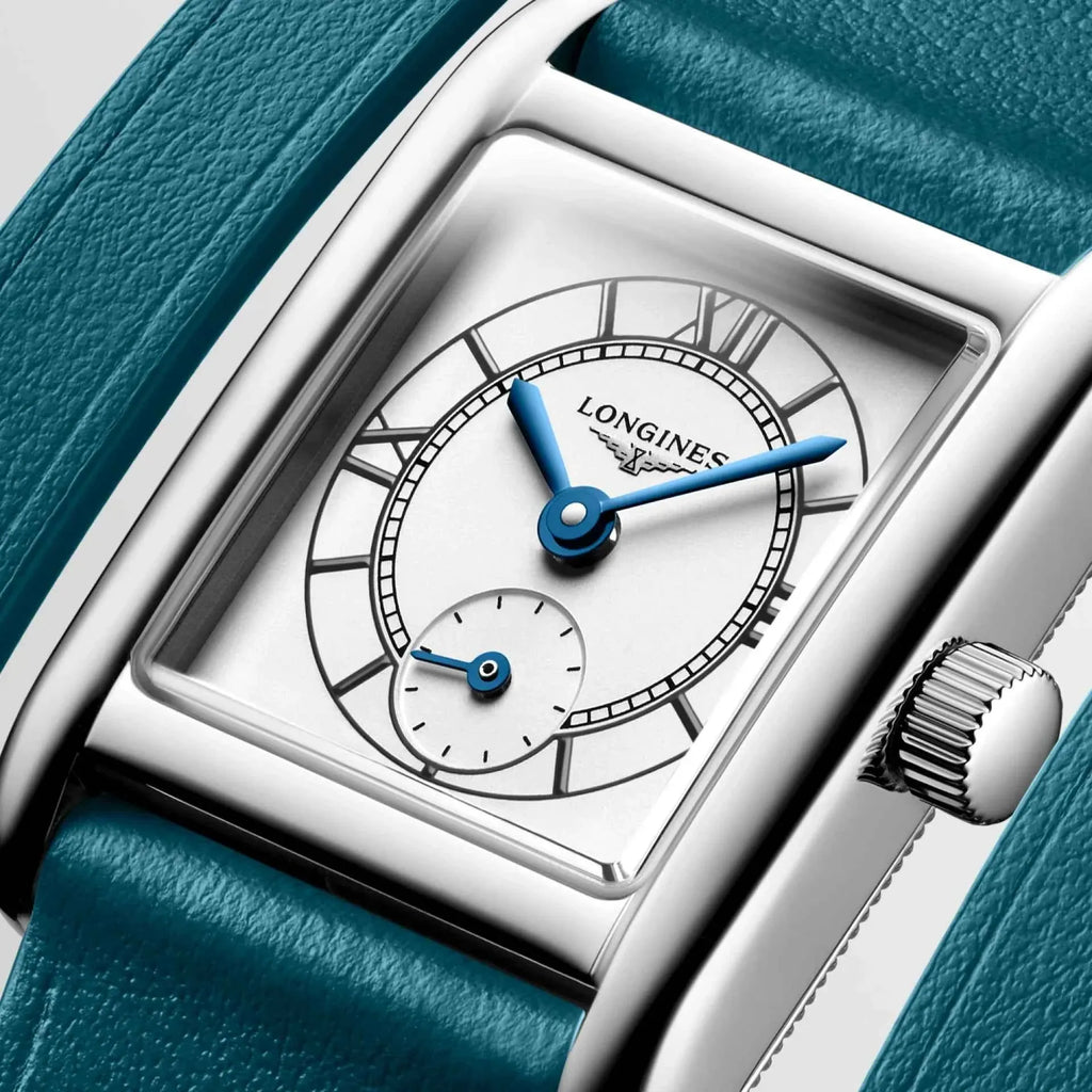 Orologio Longines Mini Dolcevita: quadrante bianco con lancette blu e cinturino blu