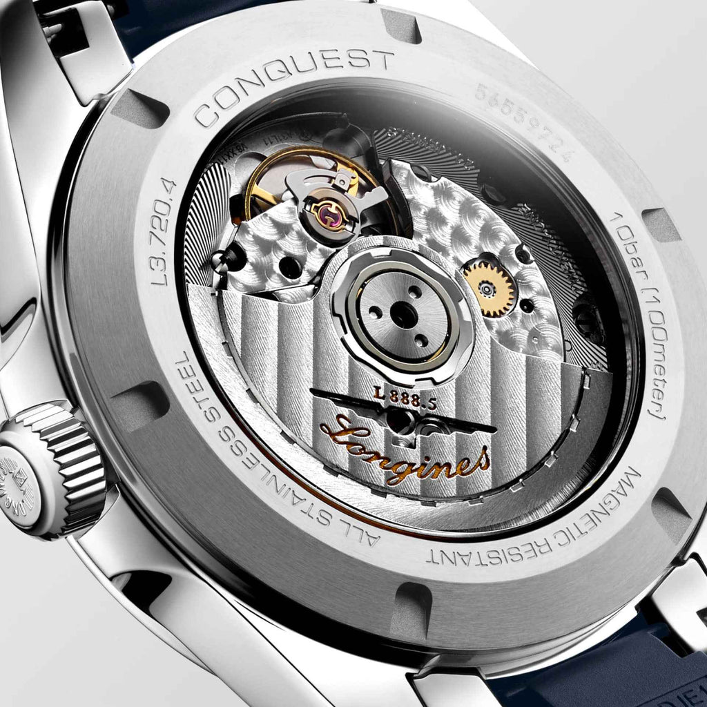 Orologio Longines Conquest 38 mm, fondello in acciaio con meccanismo visibile