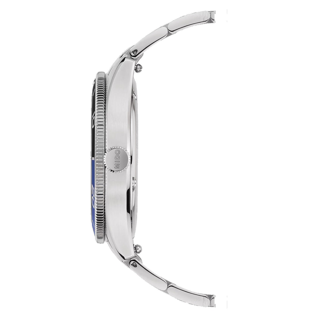 Orologio automatico Mido con cassa e cinturino in acciaio, quadrante blu.