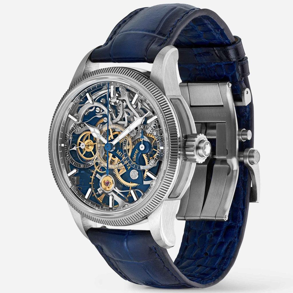 Orologio Montblanc scheletrato con cassa in acciaio e cinturino in pelle blu
