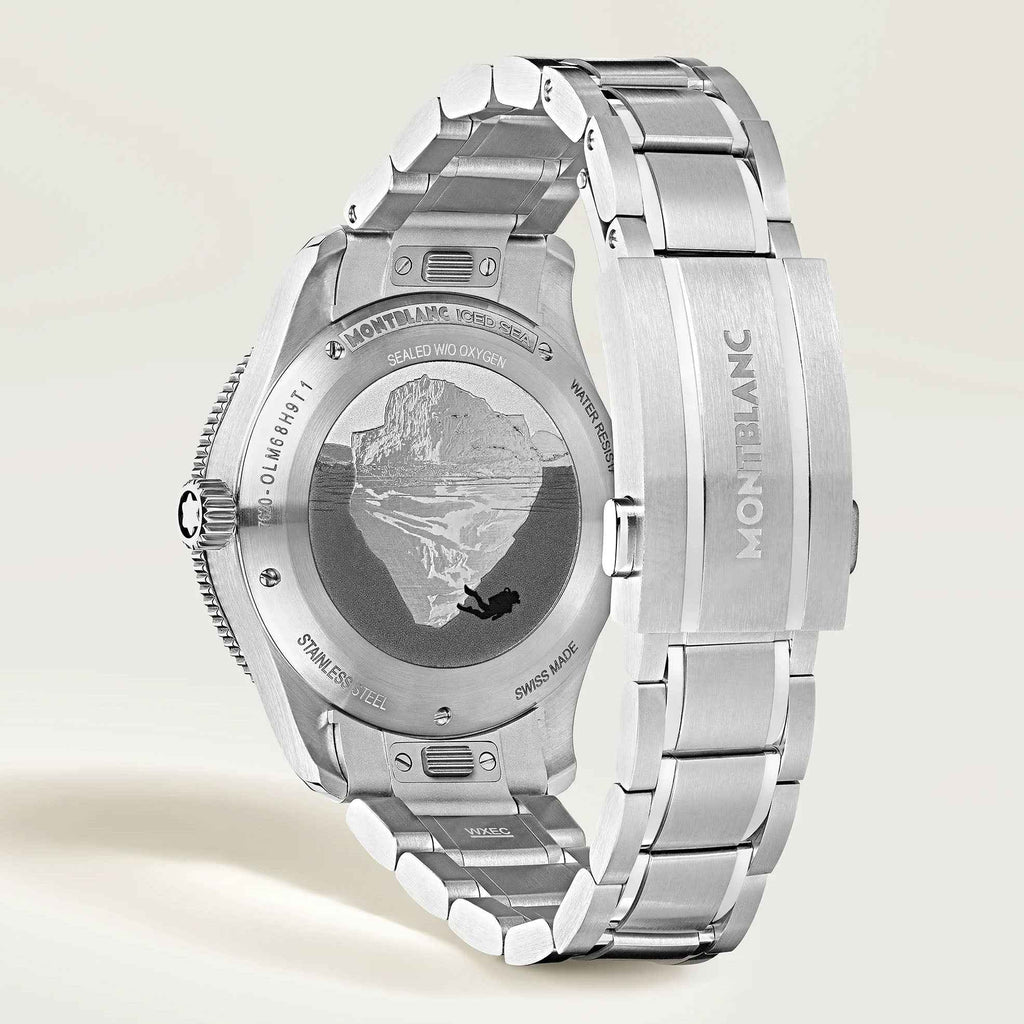 Orologio Montblanc automatico con fondello inciso e cassa in acciaio, quadrante blu