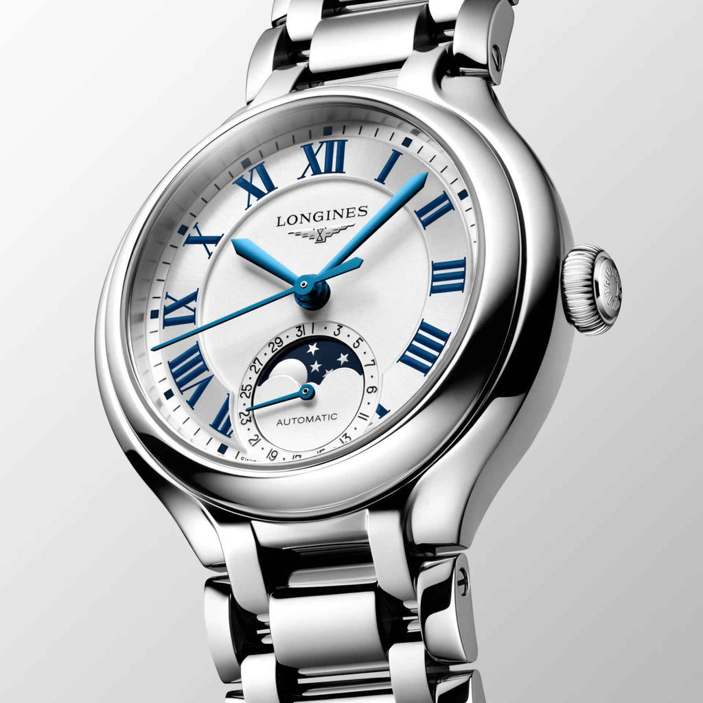 Longines orologio automatico in acciaio argento, quadrante bianco con lune e stelle blu