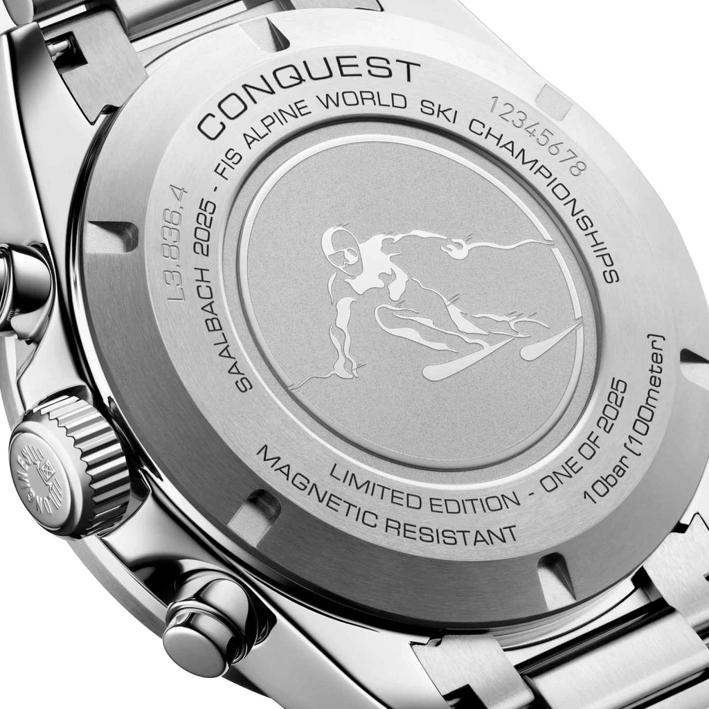 Fondello dell’orologio Longines in acciaio con incisioni sci e scritta LIMITED EDITION