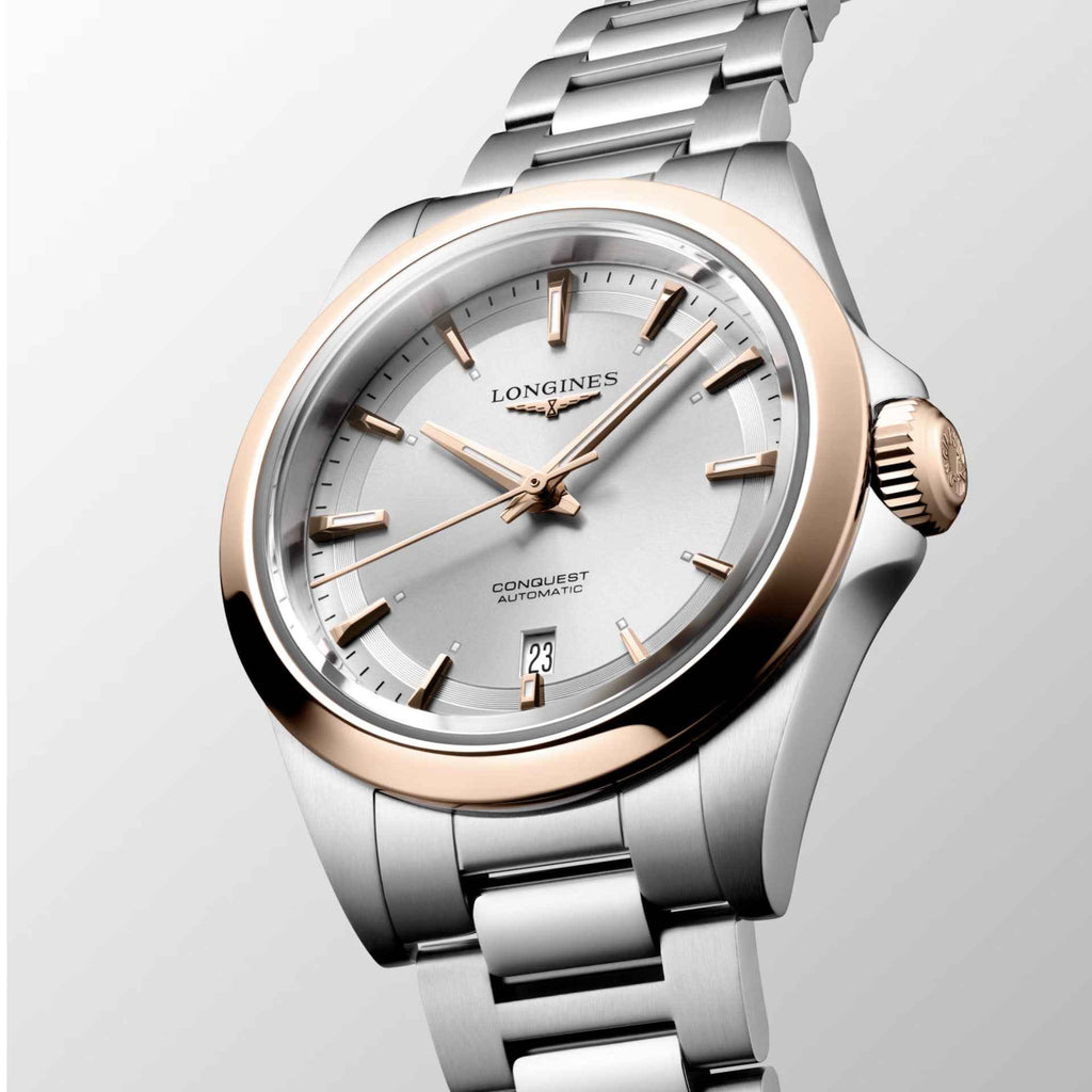 Orologio Conquest 30 mm con cassa e bracciale in acciaio, corona oro rosa