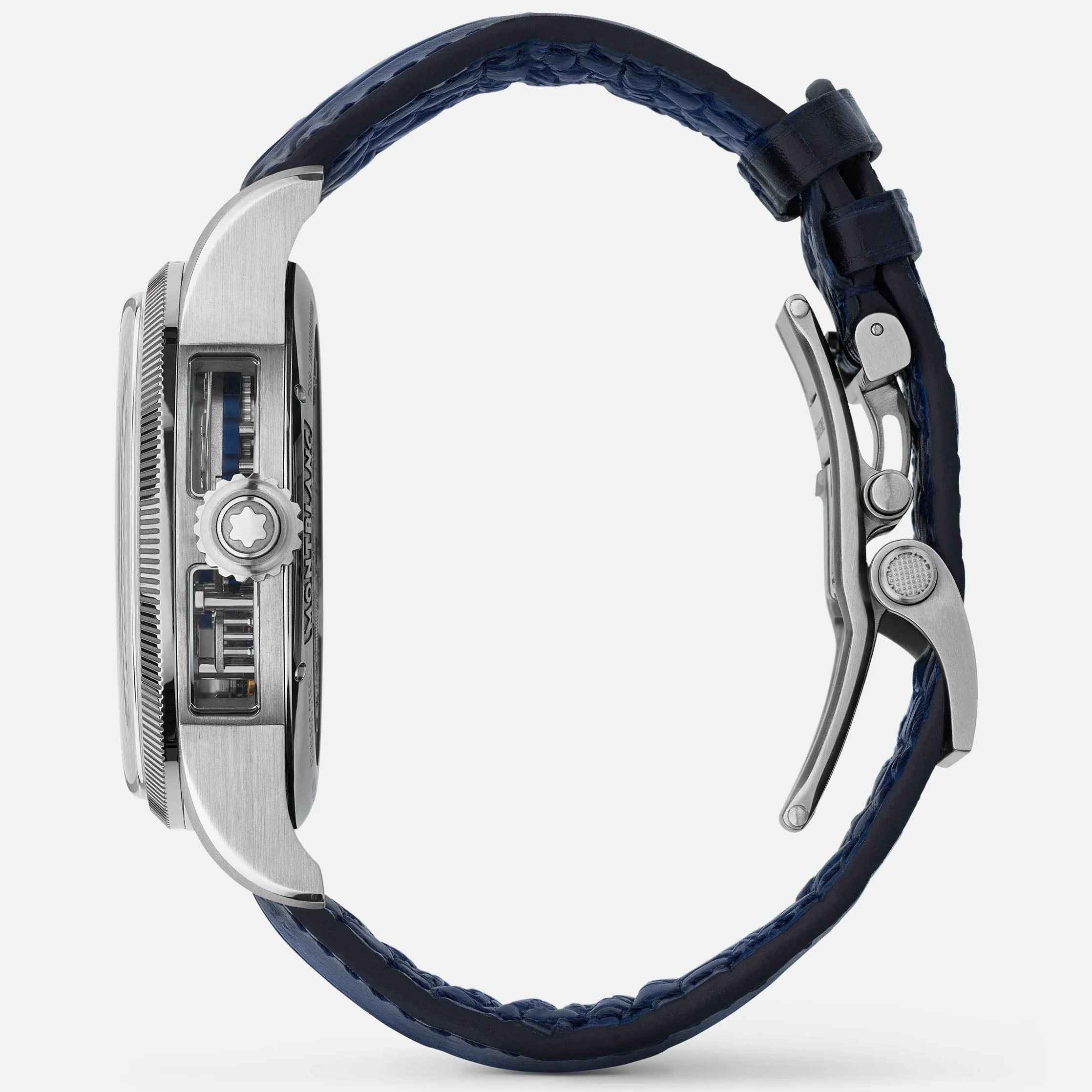 Orologio Montblanc con cassa in acciaio, pulsanti e cinturino in pelle blu
