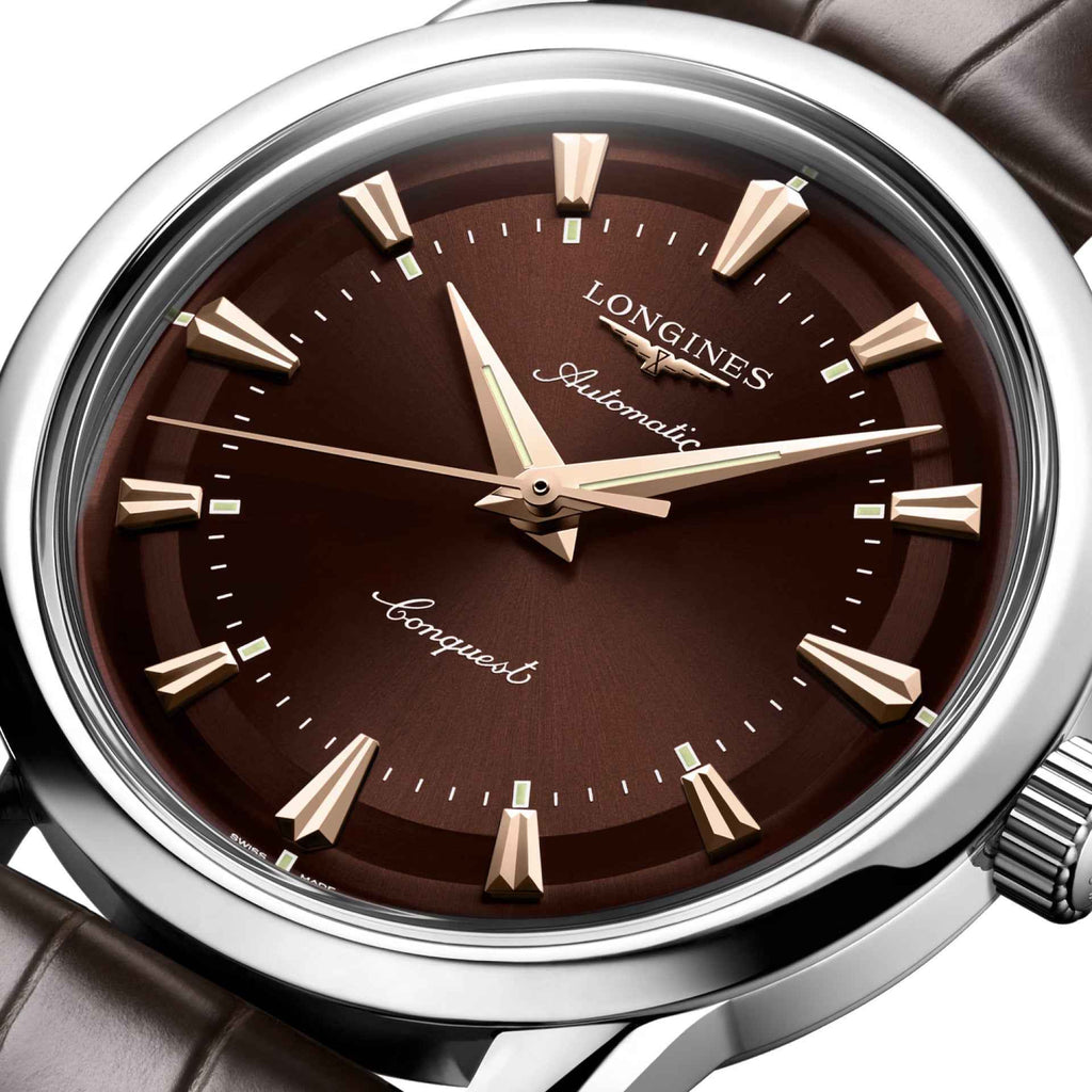 Orologio Longines Heritage 38 mm automatico, quadrante marrone con indici e lancette dorate
