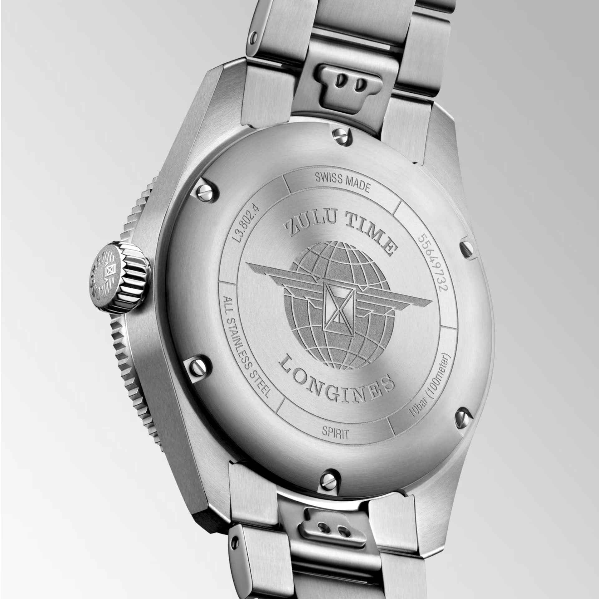 Fondello orologio Longines in acciaio con scritta Zulu Time e incisione mondo