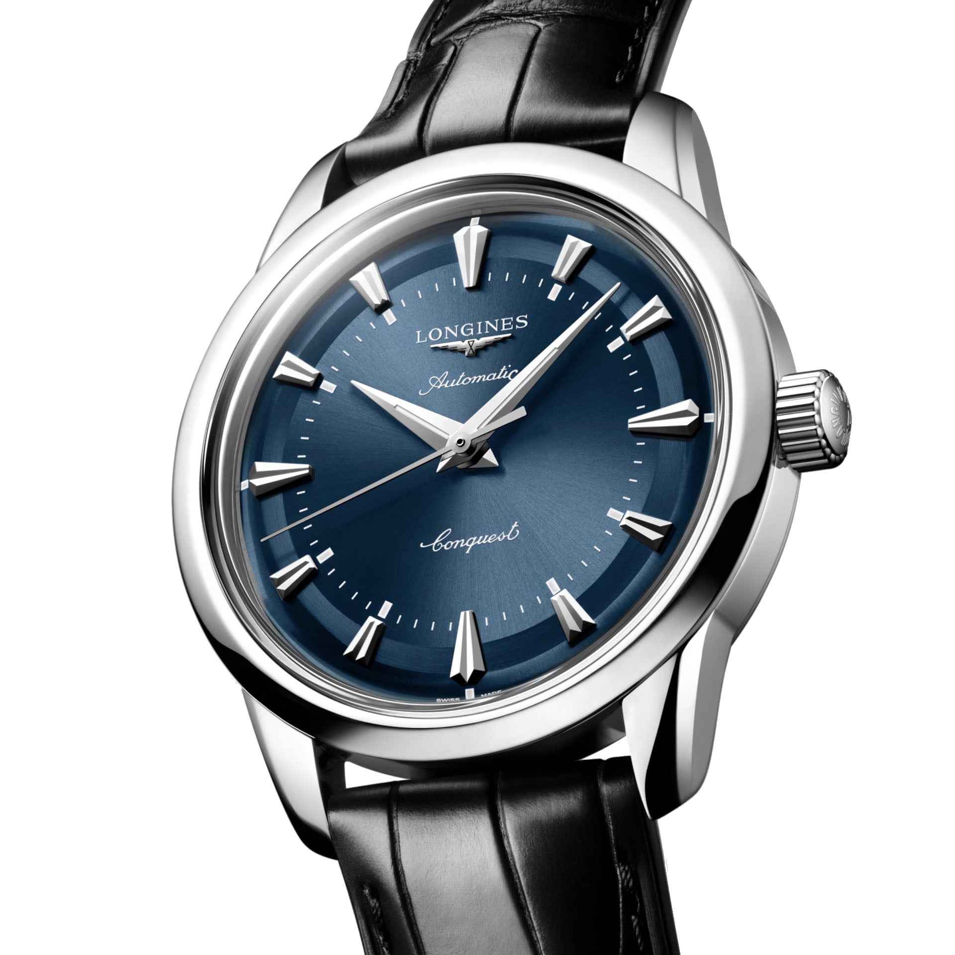 Orologio Longines Conquest con quadrante blu e cinturino in pelle nera, cassa acciaio
