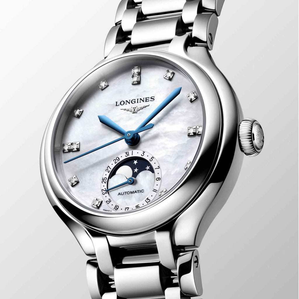 Orologio Longines Primaluna automatico, quadrante madreperla con fasi lunari, acciaio