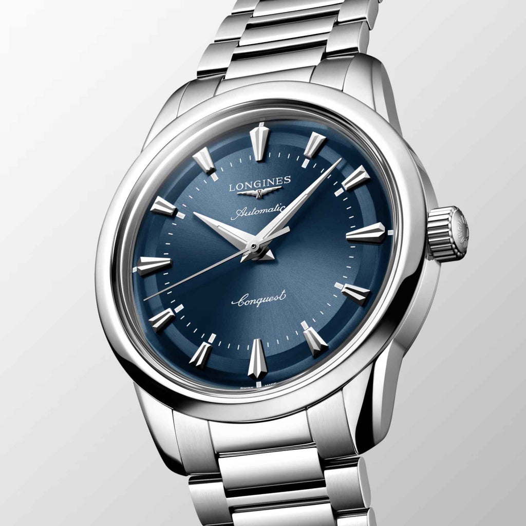 Orologio Longines Conquest Heritage blu automatico in acciaio, corona laterale visibile