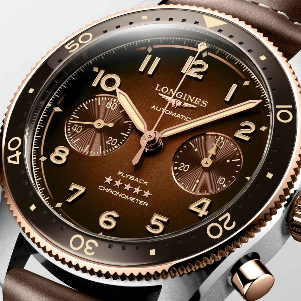 Quadrante orologio Longines con quadranti cronografo, cassa acciaio e dettagli oro rosa