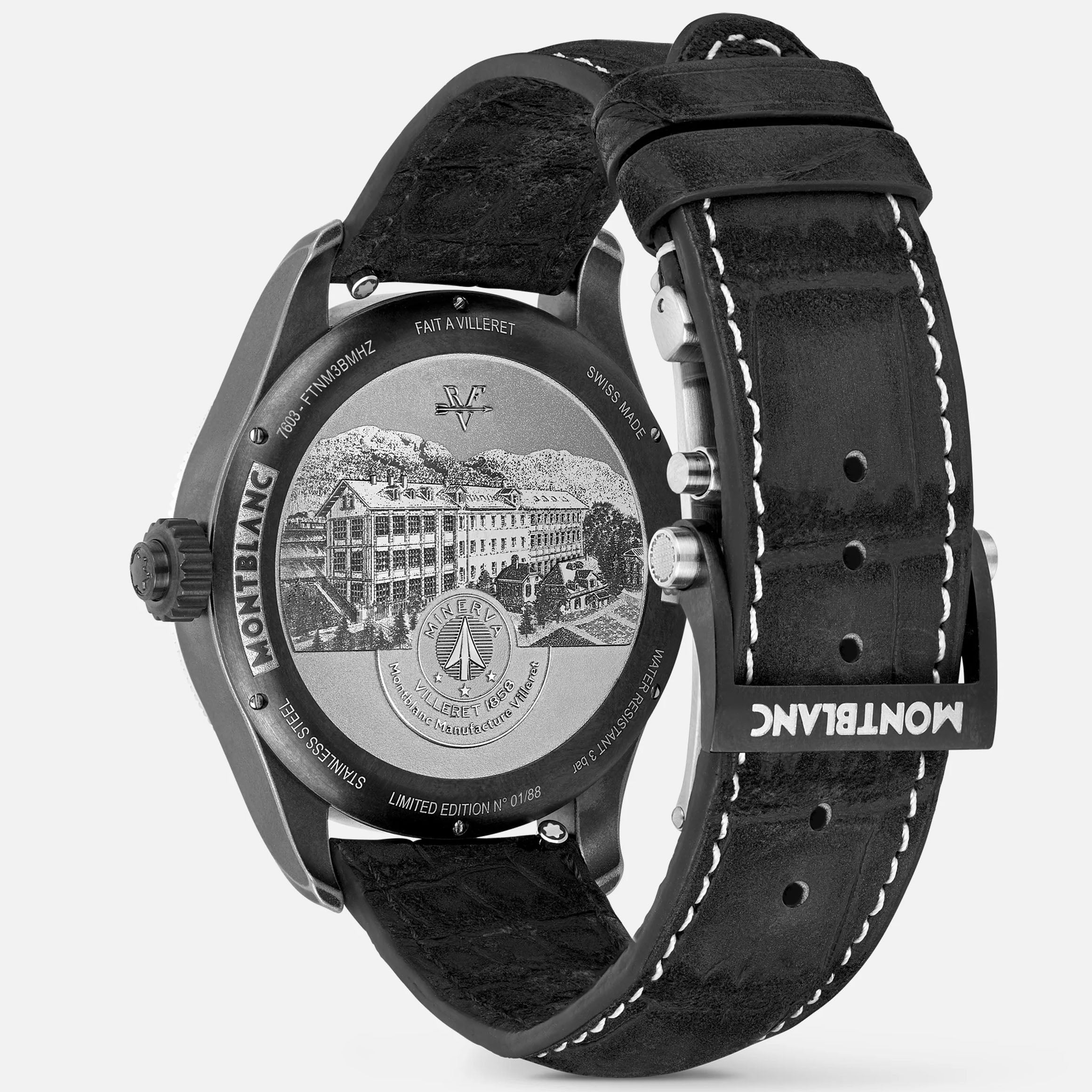 Orologio cronografo con cinturino in pelle nera e cassa in acciaio, fondello inciso