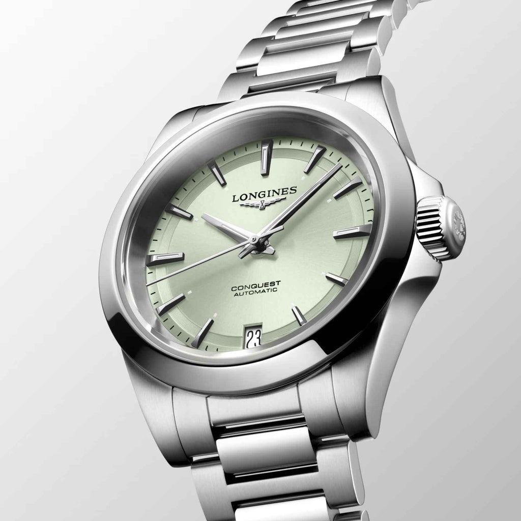 Orologio automatico quadrante verde con data 23, cassa e cinturino in acciaio