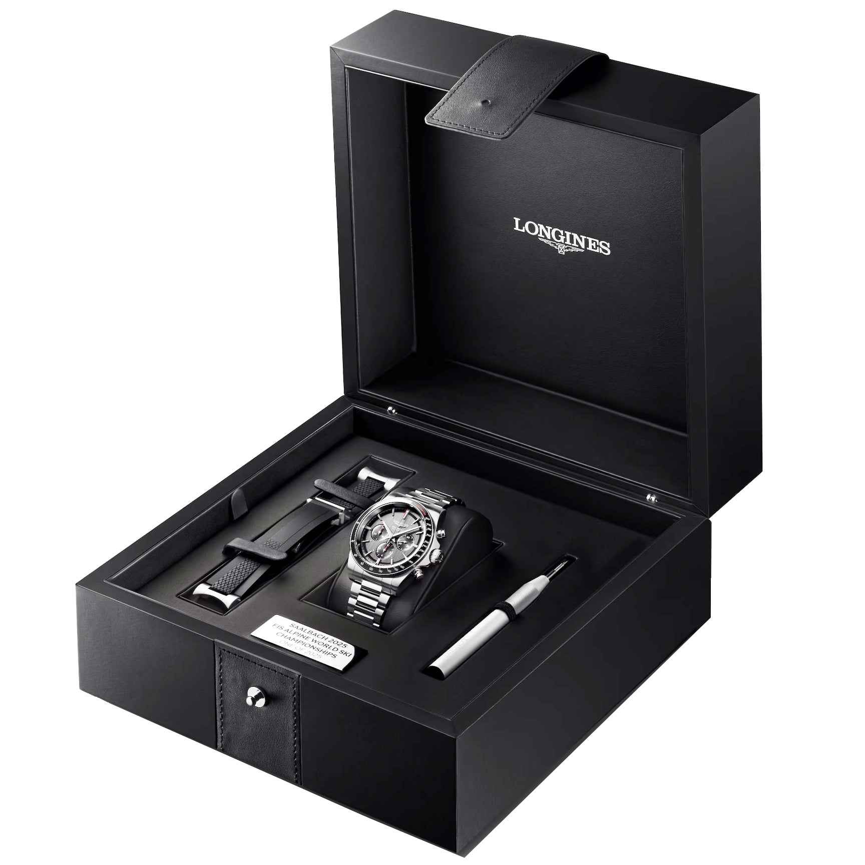 Orologio Longines nell’astuccio nero aperto, cinturino nero e accessori inclusi