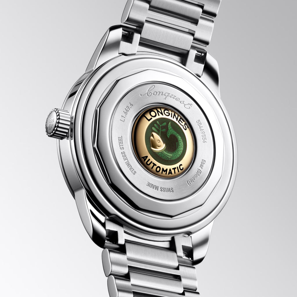Orologio automatico in acciaio con fondello, corona e logo Longines visibile