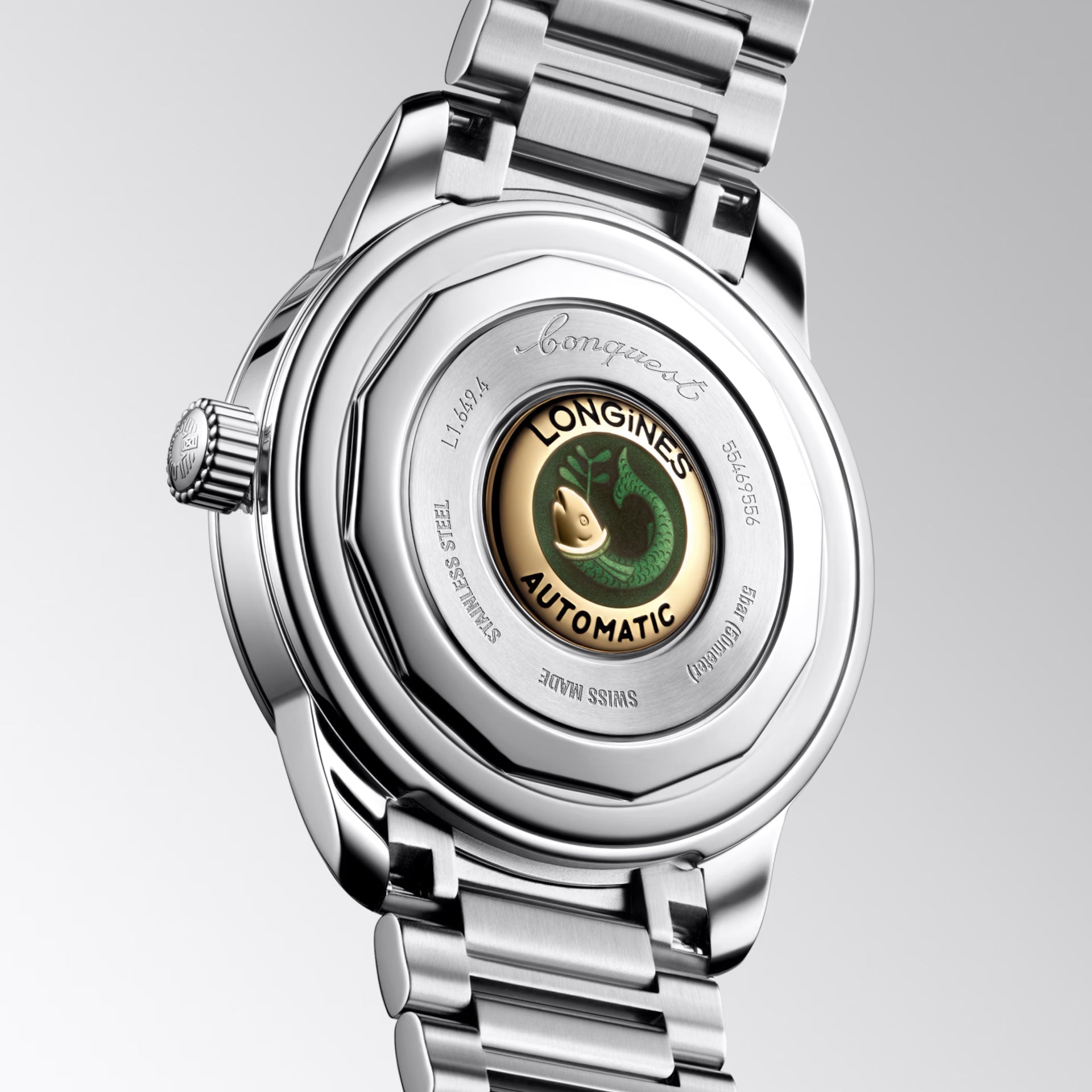 Orologio automatico in acciaio con fondello, corona e logo Longines visibile
