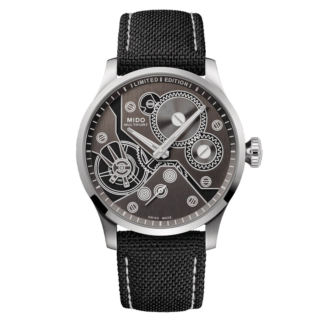 Orologio Mido Multifort con cinturino tessile nero, quadrante antracite e dettagli bianchi