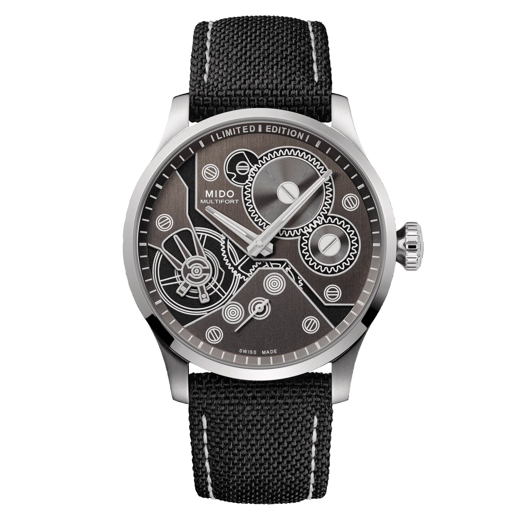 Orologio Mido Multifort con cinturino tessile nero, quadrante antracite e dettagli bianchi