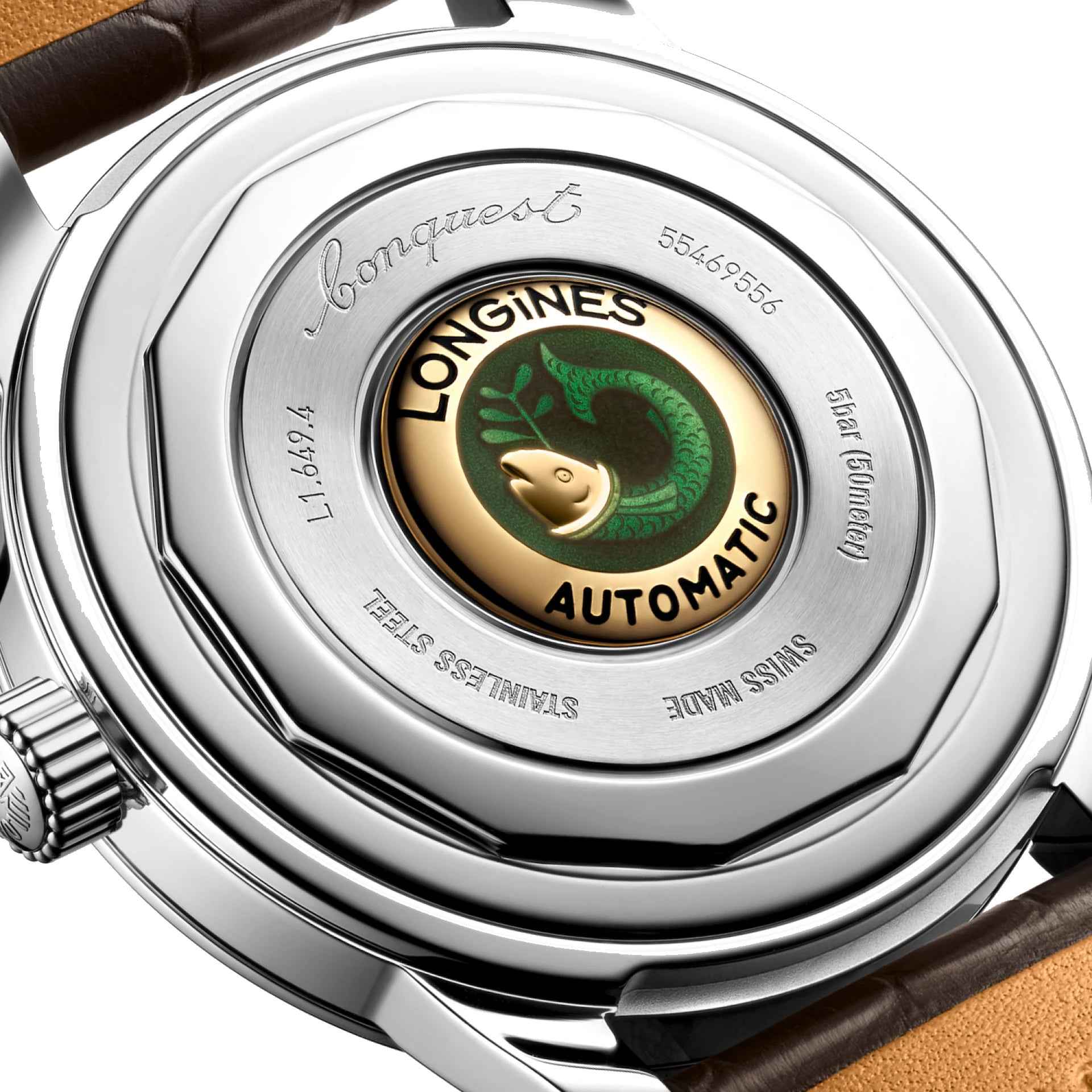 Orologio Longines automatico, fondello con serpente verde e scritta AUTOMATIC