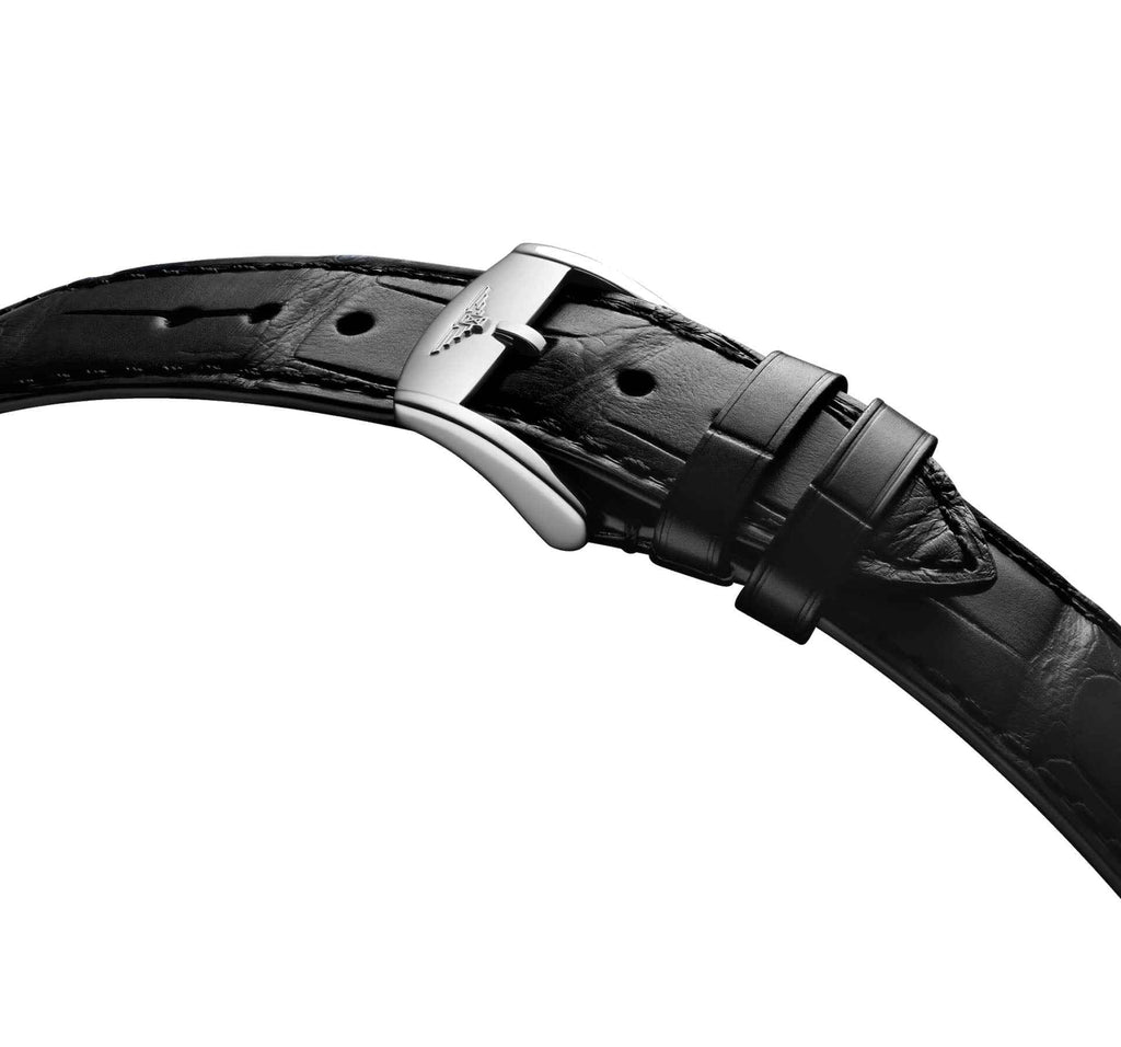Cinturino in pelle nera con fibbia lucida dell’orologio Longines, attacco in acciaio
