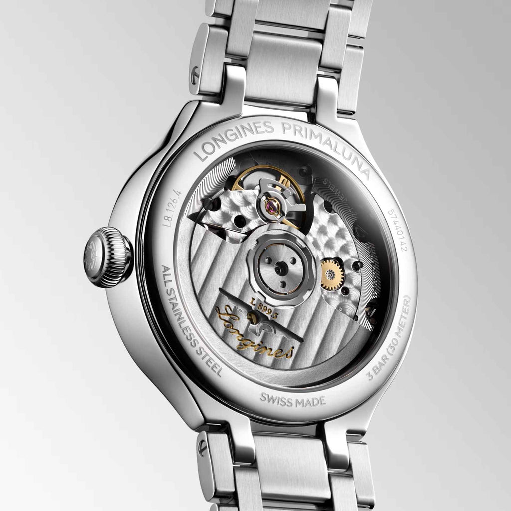 Longines movimento automatico a vista nel fondello in acciaio, scritta Swiss Made