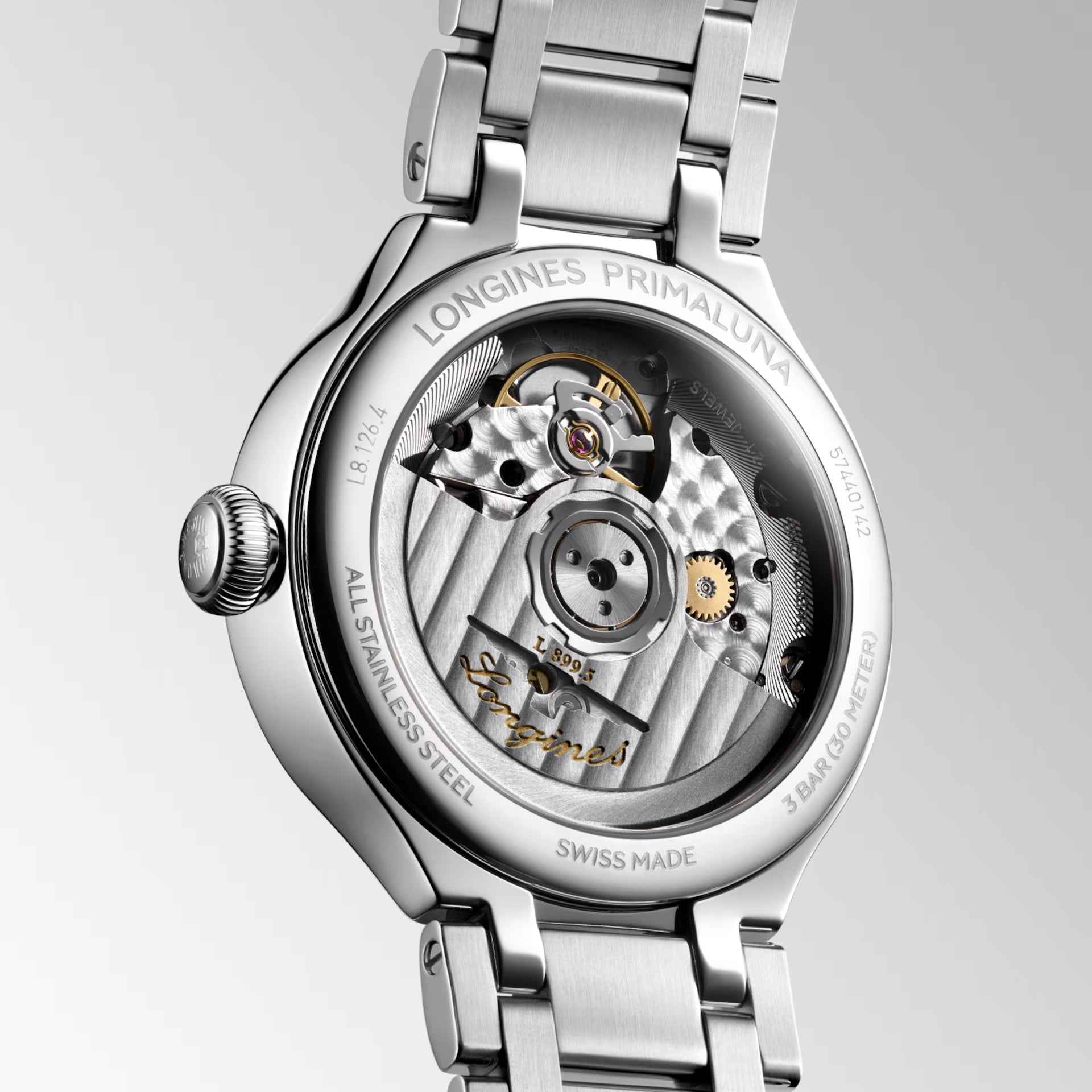 Longines movimento automatico a vista nel fondello in acciaio, scritta Swiss Made