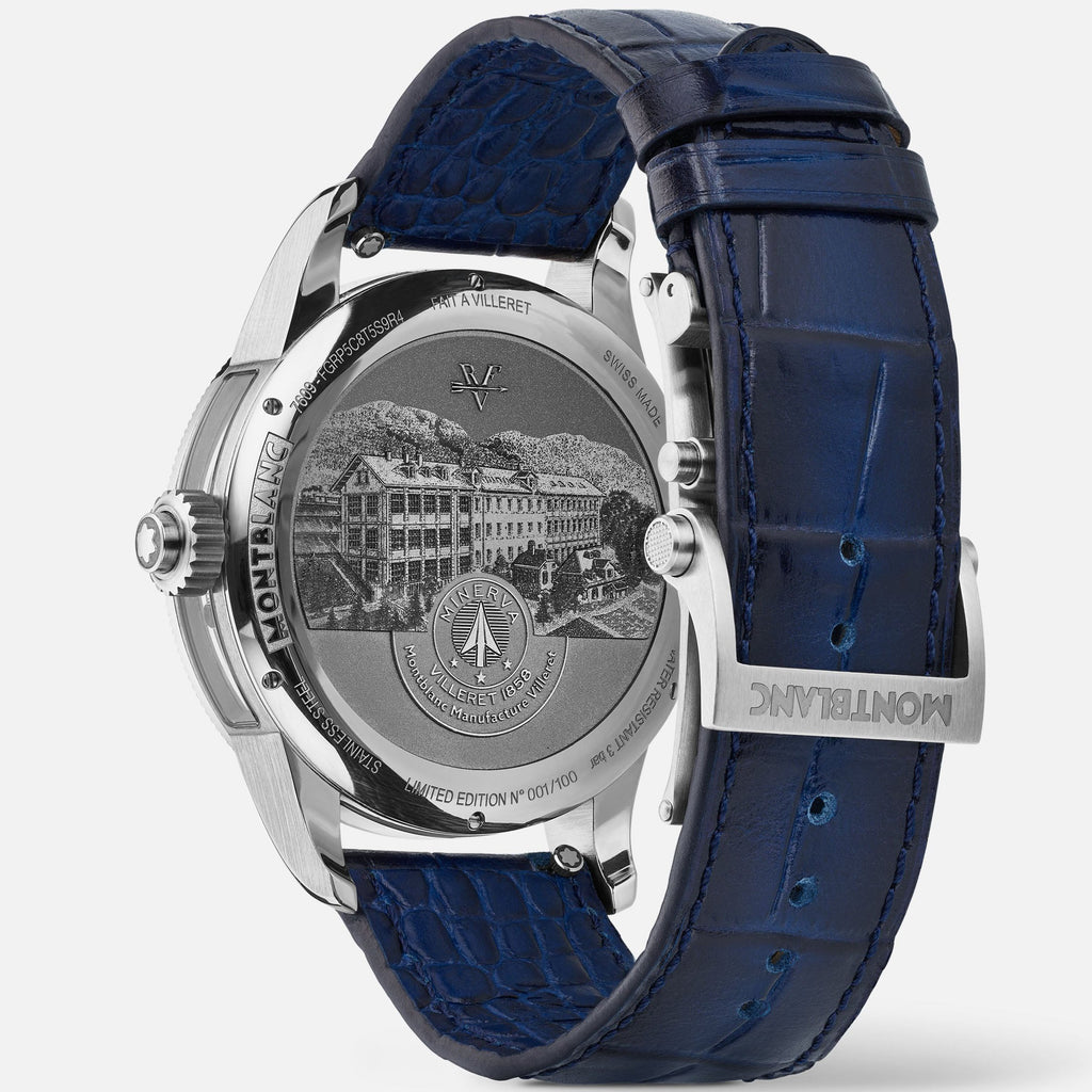 Orologio Montblanc scheletrato con cinturino blu in pelle e cassa in acciaio