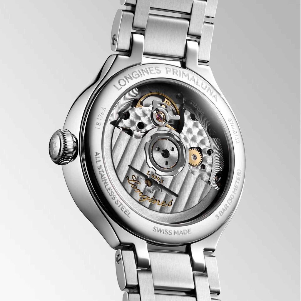 Movimento visibile dell’orologio Longines Primaluna, fondello in acciaio