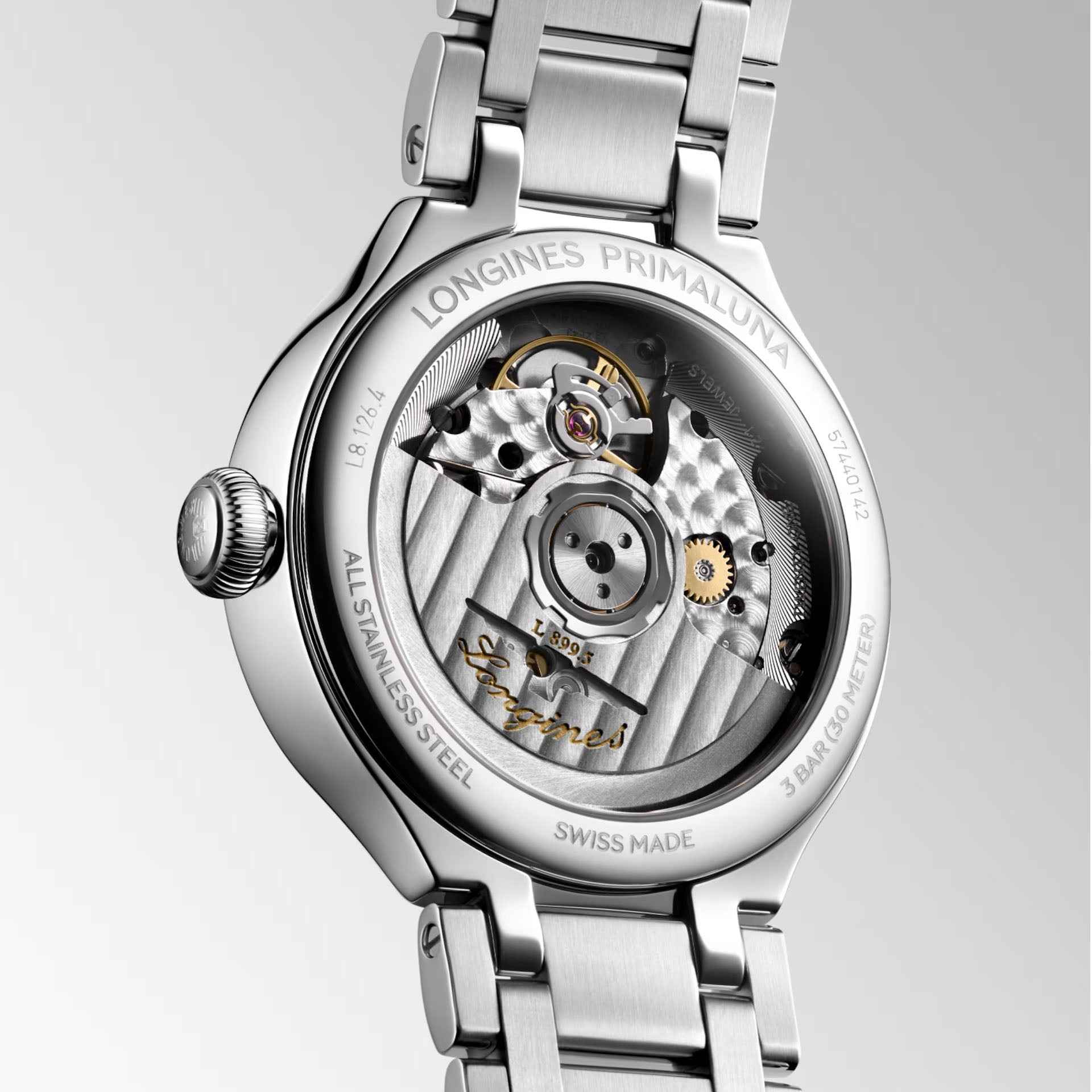 Movimento visibile dell’orologio Longines Primaluna, fondello in acciaio