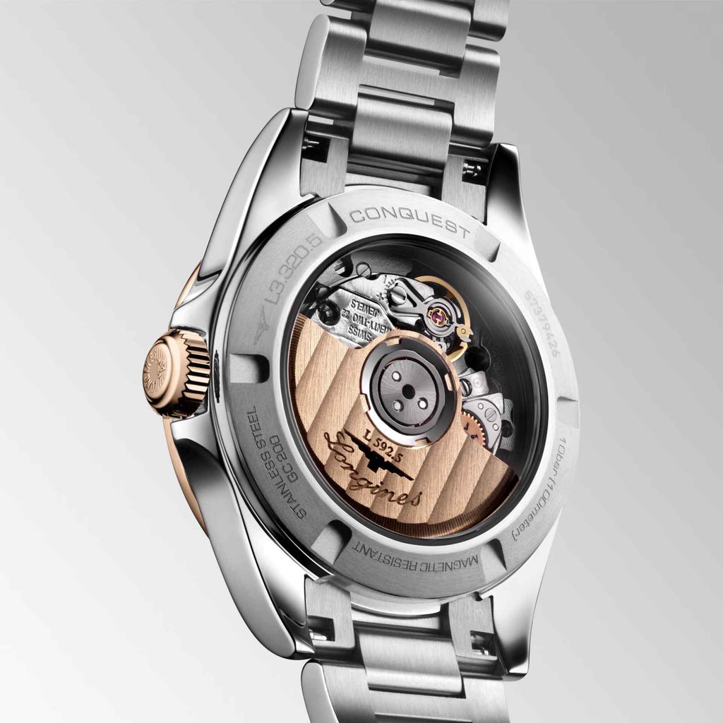 Orologio Longines Conquest con fondello a vista e dettagli PVD oro rosa L592.5