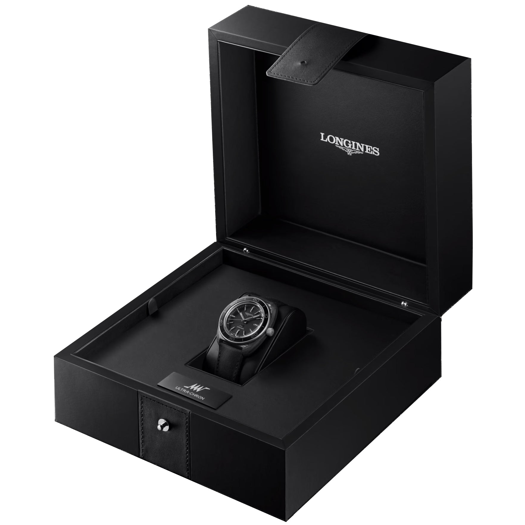 Orologio Longines in confezione aperta nera, cinturino scuro e quadrante antracite