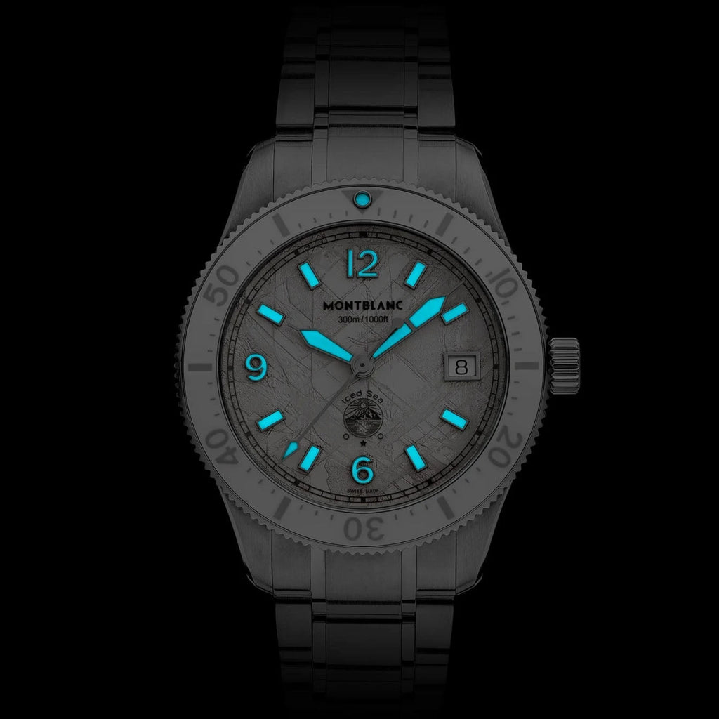 Orologio Montblanc bracciale acciaio nero, quadrante grigio, lancette turchesi, datario