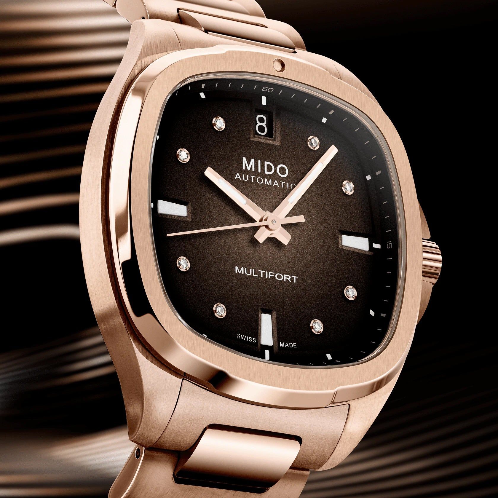 Orologio automatico Mido Multifort con quadrante nero indici diamantati e lunetta oro rosa