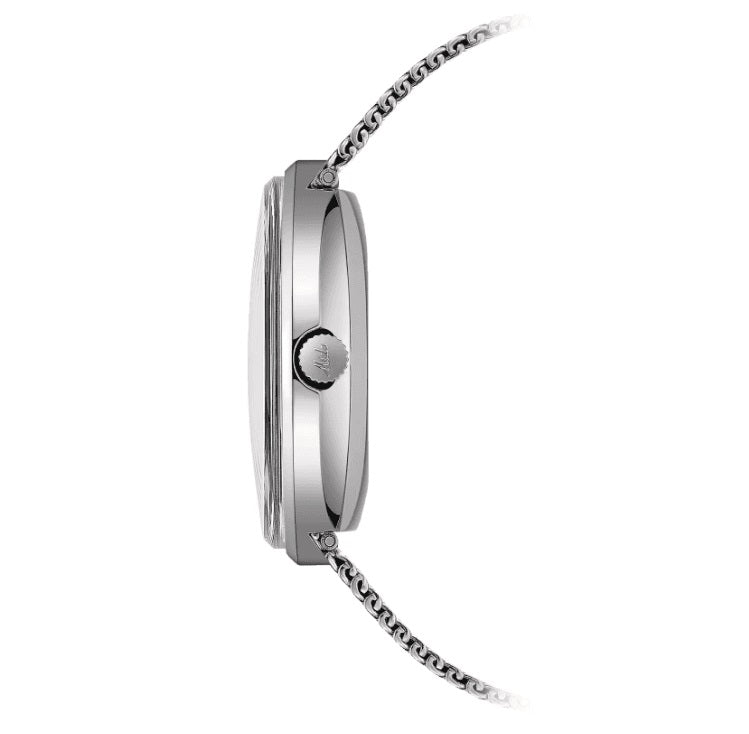 Orologio Mido automatico: cassa laterale e corona, cinturino in maglia d’acciaio
