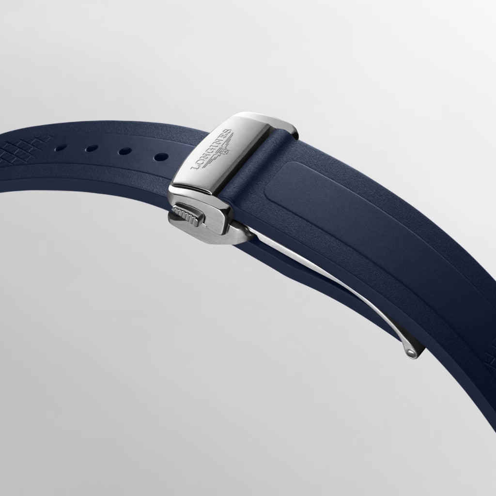 Orologio Longines Conquest 38 mm: cinturino blu in gomma con fibbia in acciaio