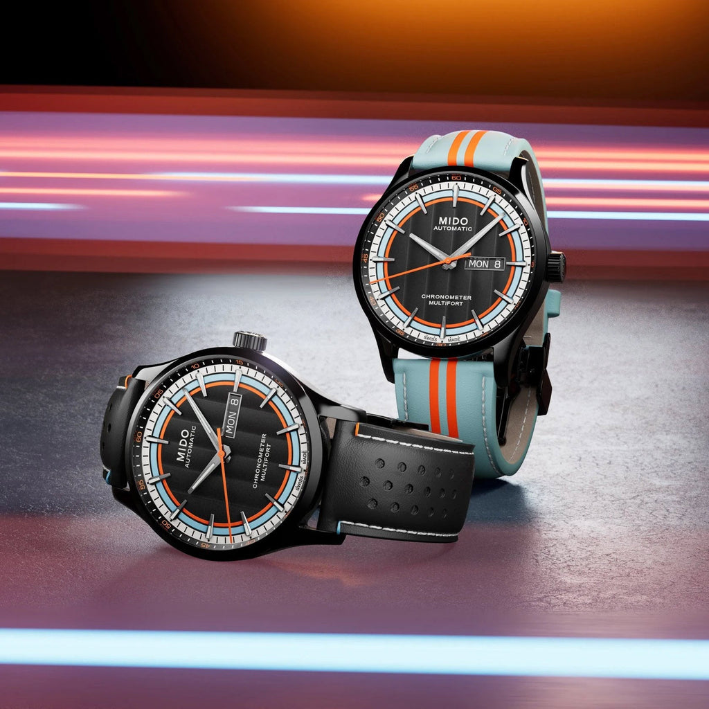 Orologio Mido nero PVD con quadrante nero e cinturino azzurro a righe arancioni