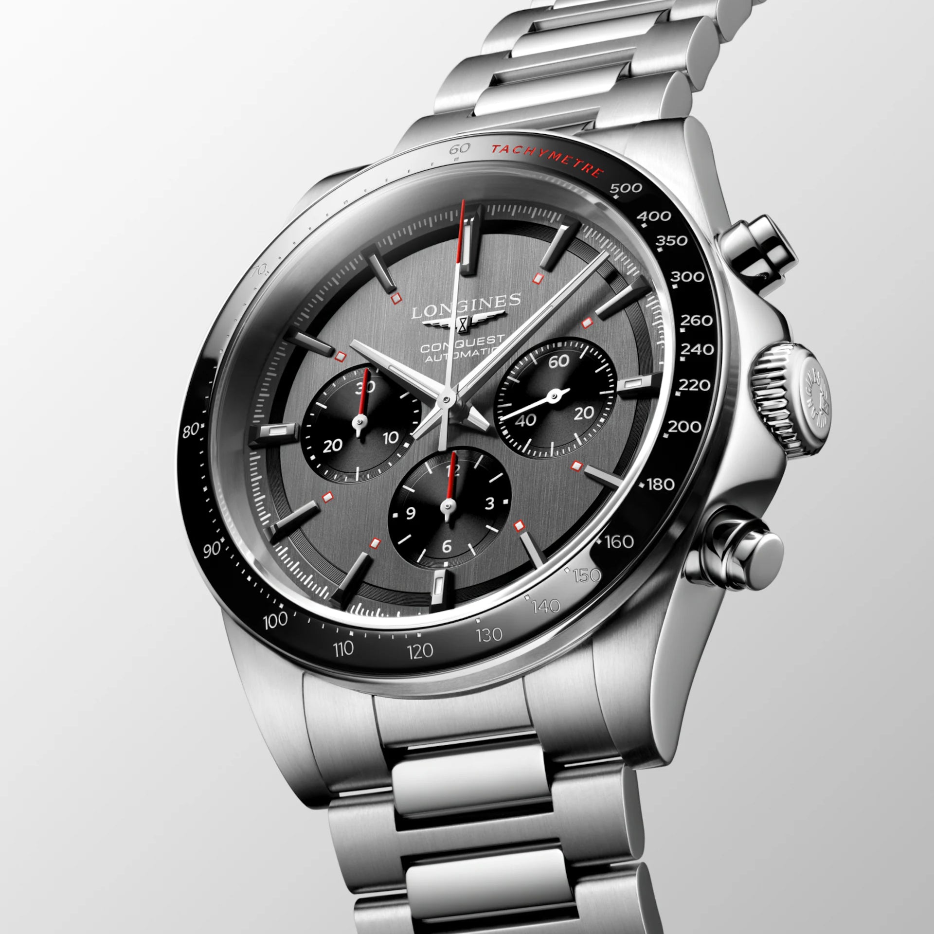 Orologio Conquest Chrono automatico in acciaio, quadrante scuro con cronografi