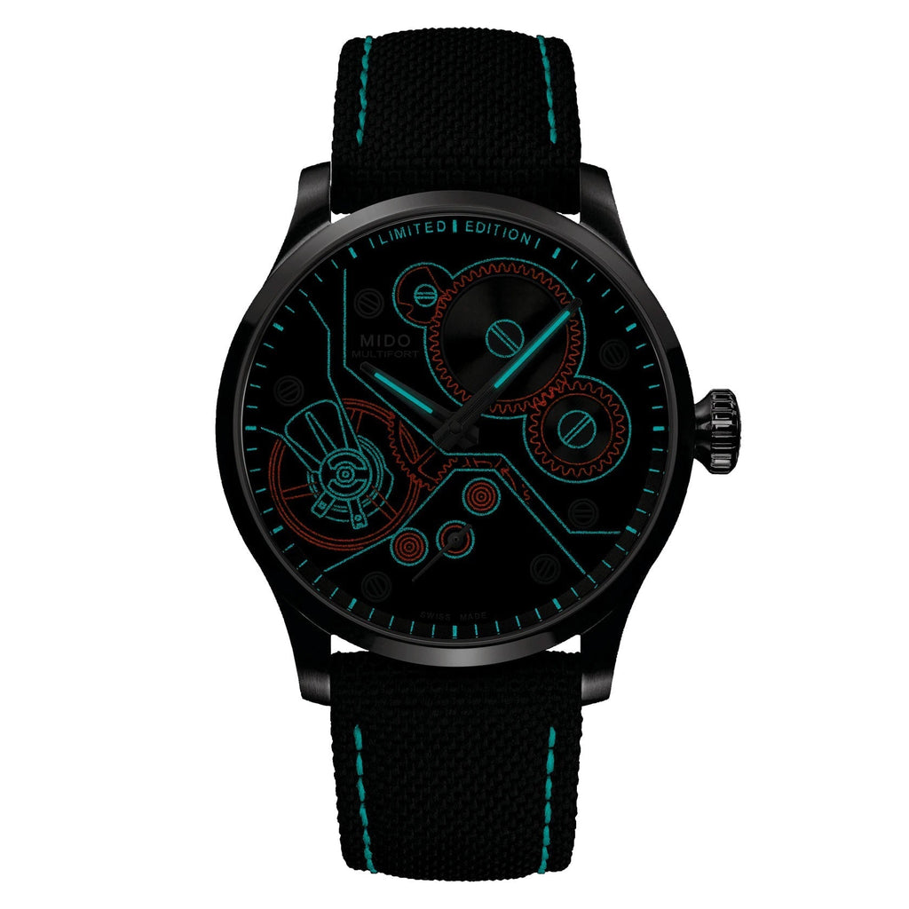Orologio Mido Multifort con cinturino tessile nero e cuciture verdi, quadrante scuro