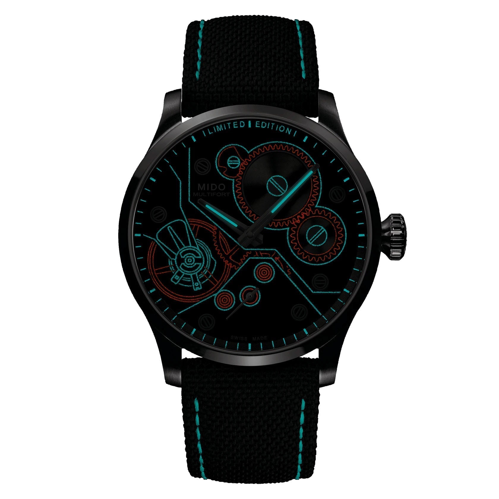 Orologio Mido Multifort con cinturino tessile nero e cuciture verdi, quadrante scuro