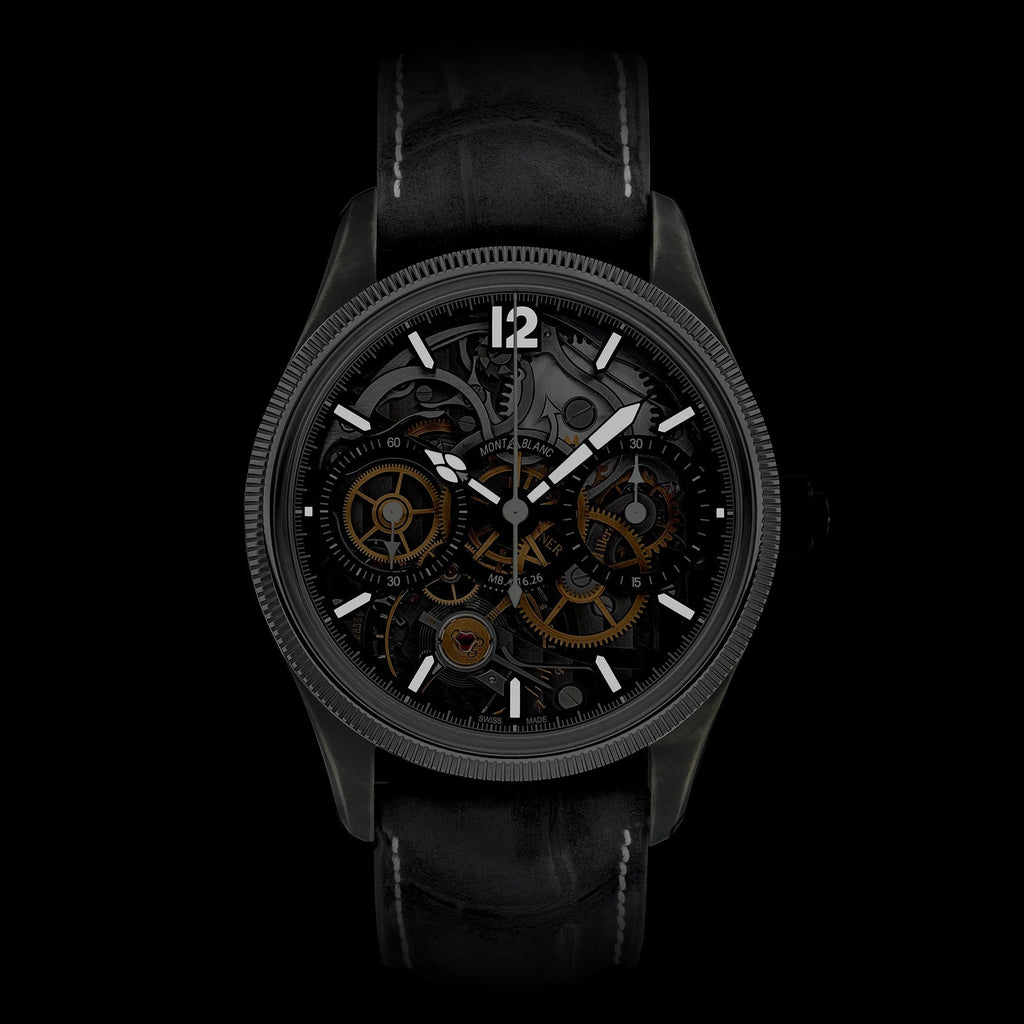 Orologio cronografo scheletrato nero con cinturino in pelle, quadrante con ingranaggi