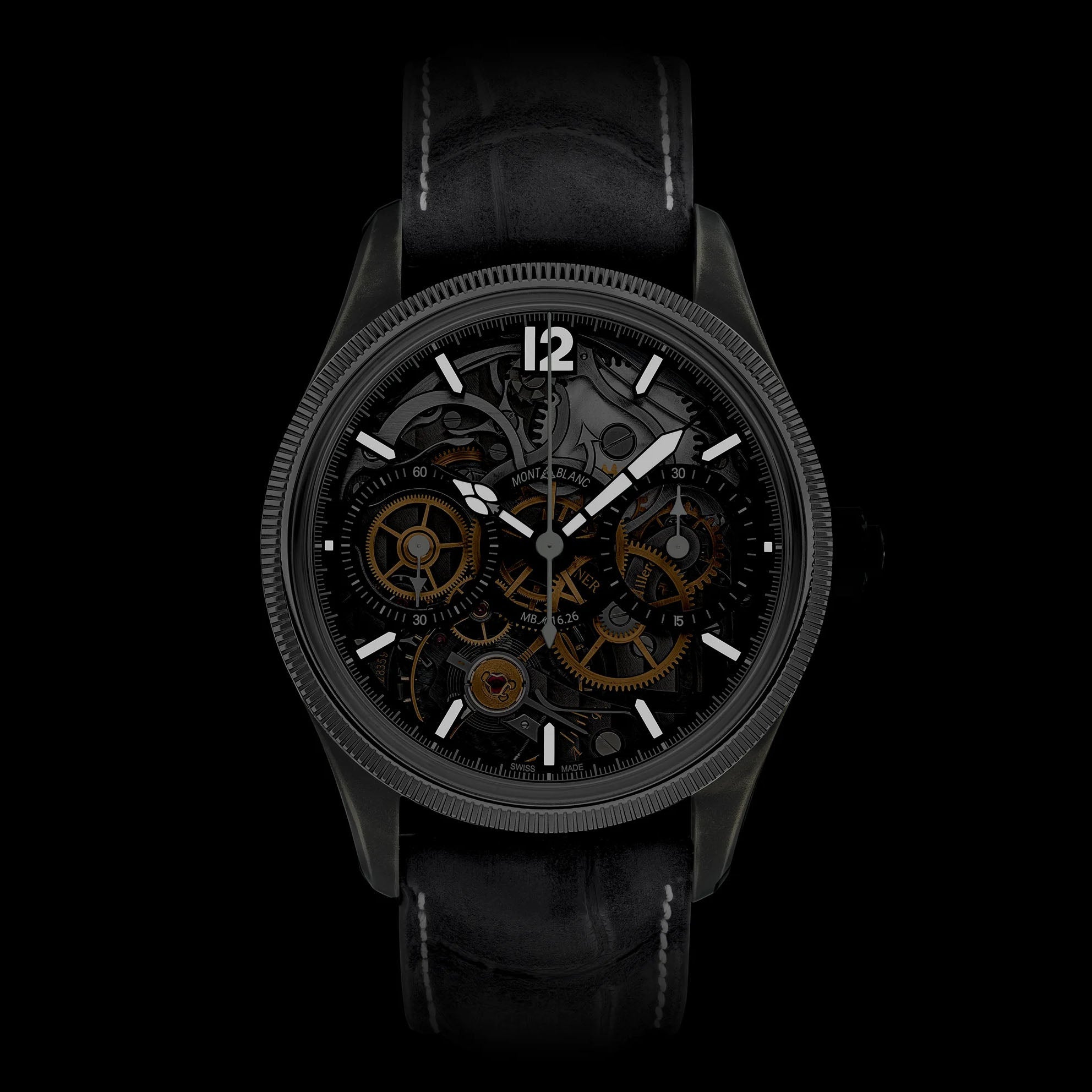 Orologio cronografo scheletrato nero con cinturino in pelle, quadrante con ingranaggi