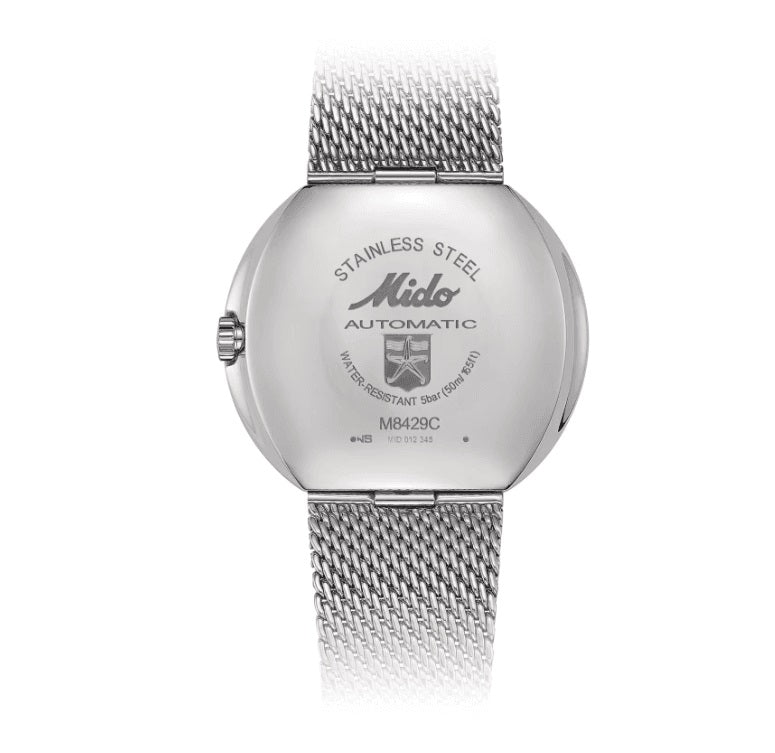 Orologio Mido automatico con fondello in acciaio e bracciale in maglia d’acciaio
