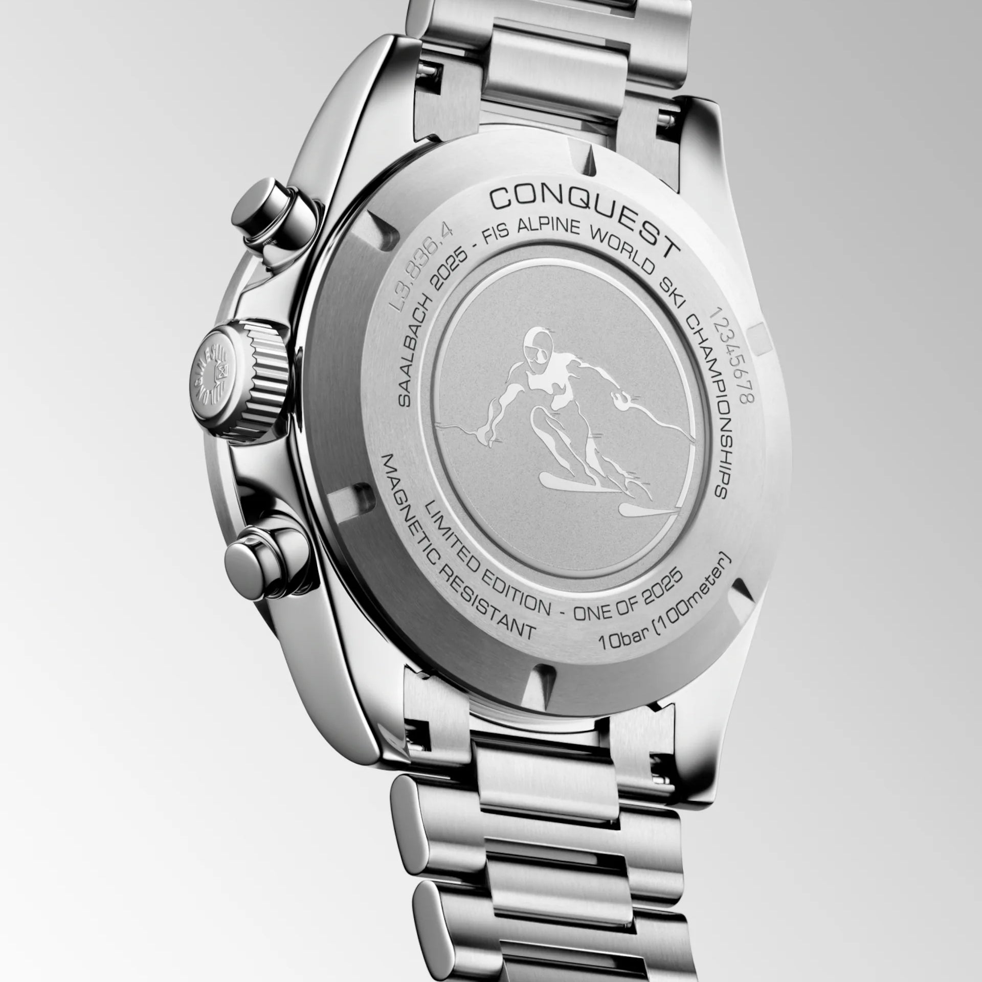 Orologio Conquest Chrono: fondello posteriore in acciaio con scritte e incisione