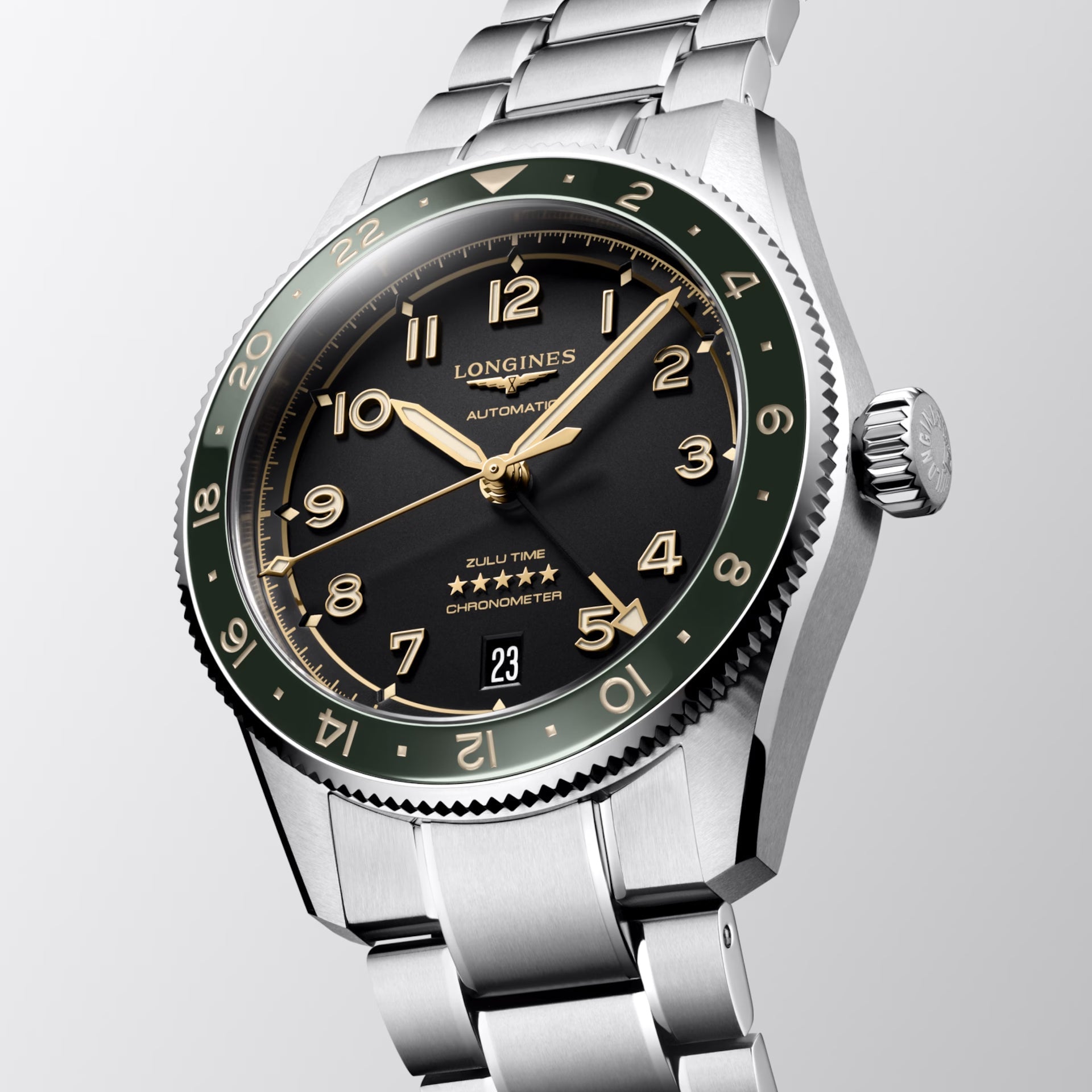 Orologio automatico con quadrante antracite, ghiera verde e datario sul quadrante