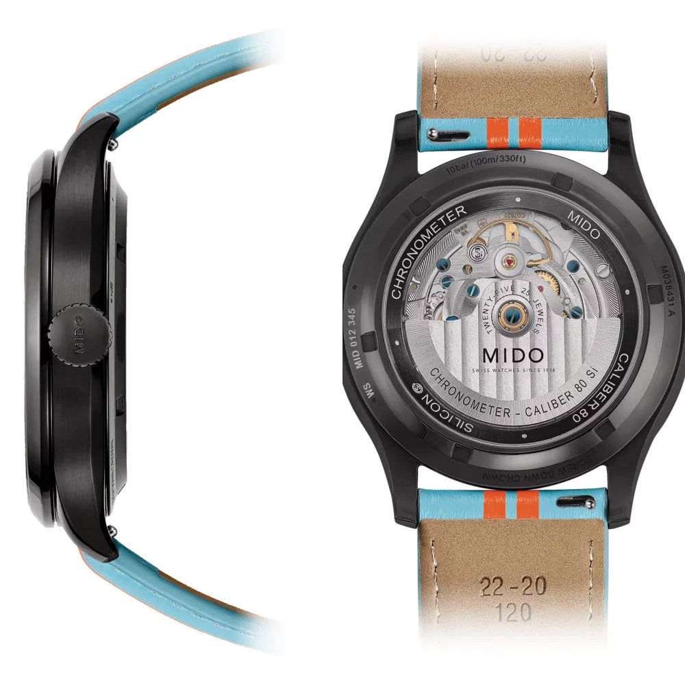 Orologio Mido con cassa nera e fondello a vista, cinturino beige con righe azzurre