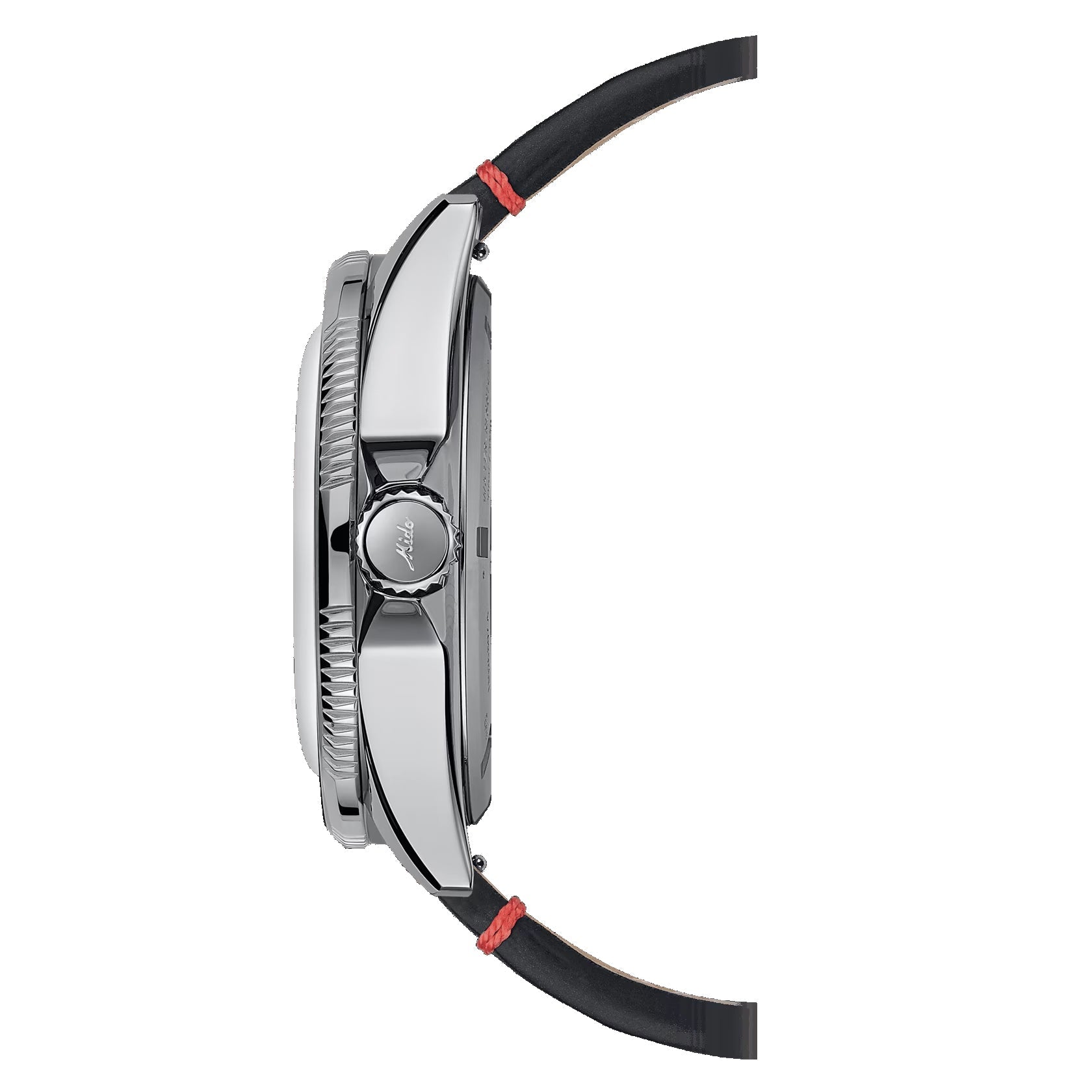 Profilo laterale dell’orologio in acciaio con pulsante e cinturino nero.