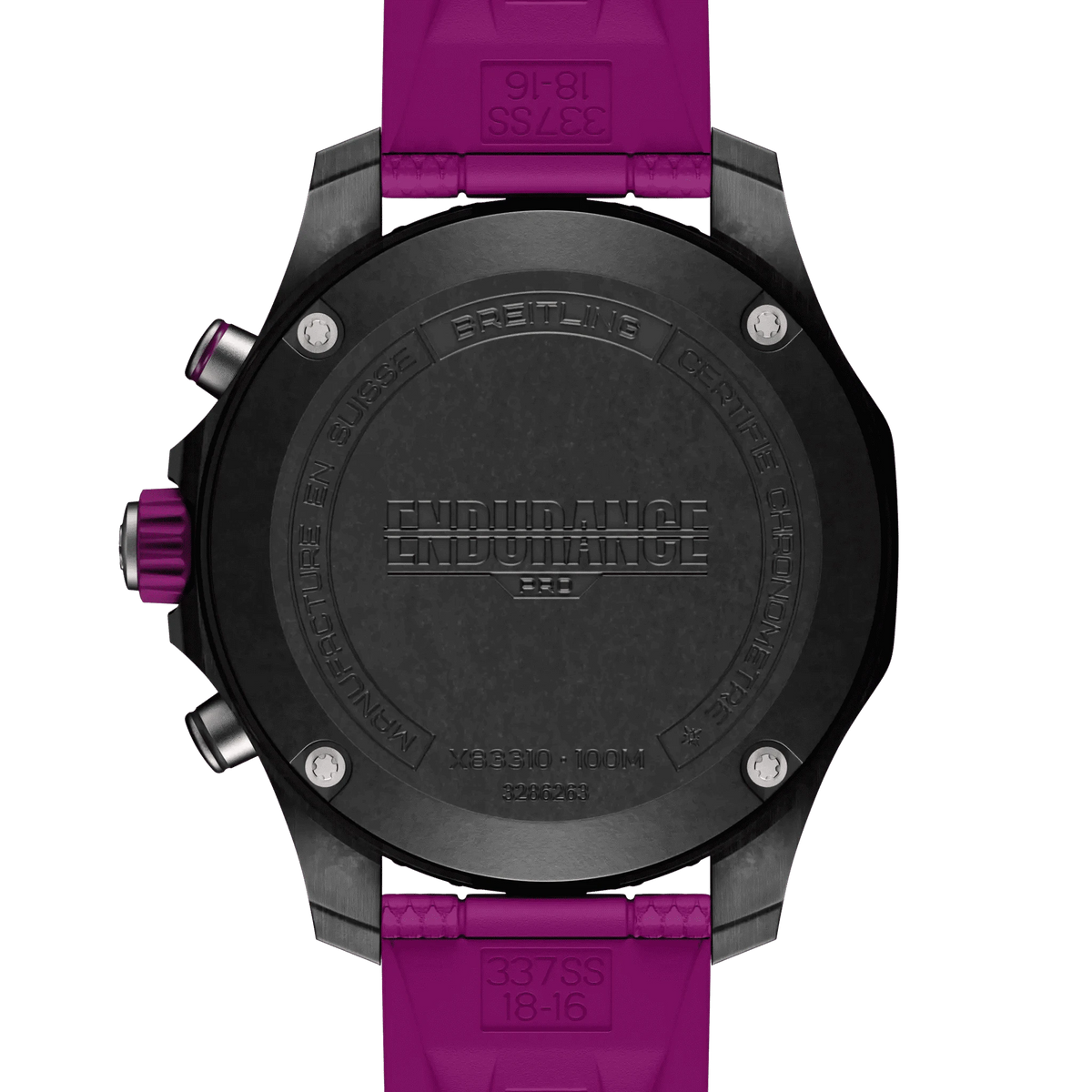 Orologio Breitling Endurance Pro 38, fondello nero con scritte e cinturino viola