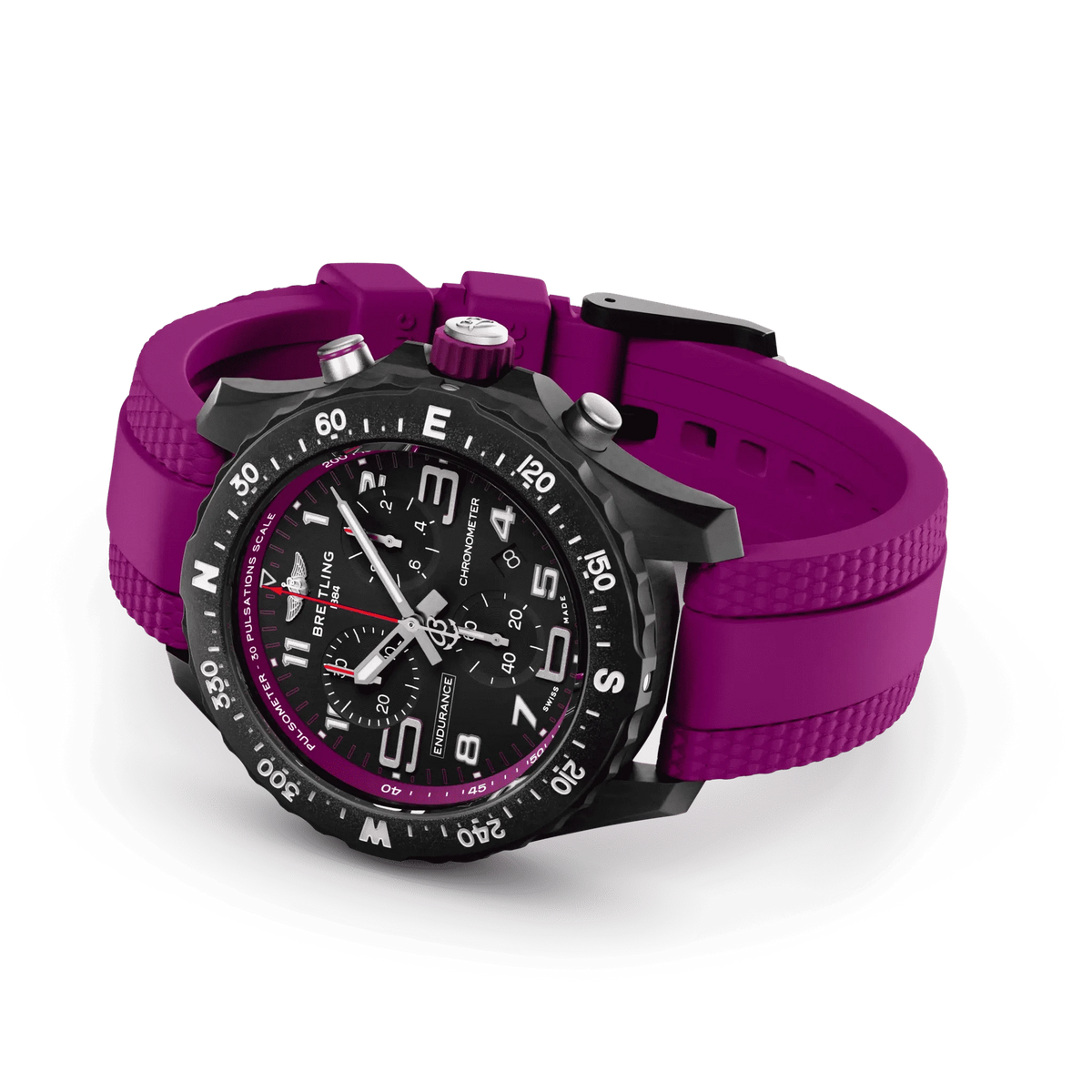Orologio Breitling Endurance Pro 38 con cinturino viola, cassa nera e corona laterale